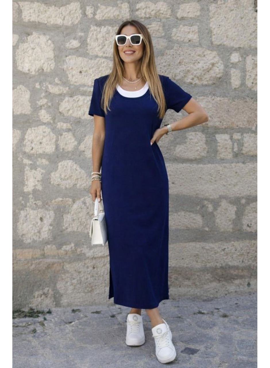 Kadın Kısa Kollu Içi Atlet Görünümlü Yandan Yırtmaçlı Uzun Viskon Elbise