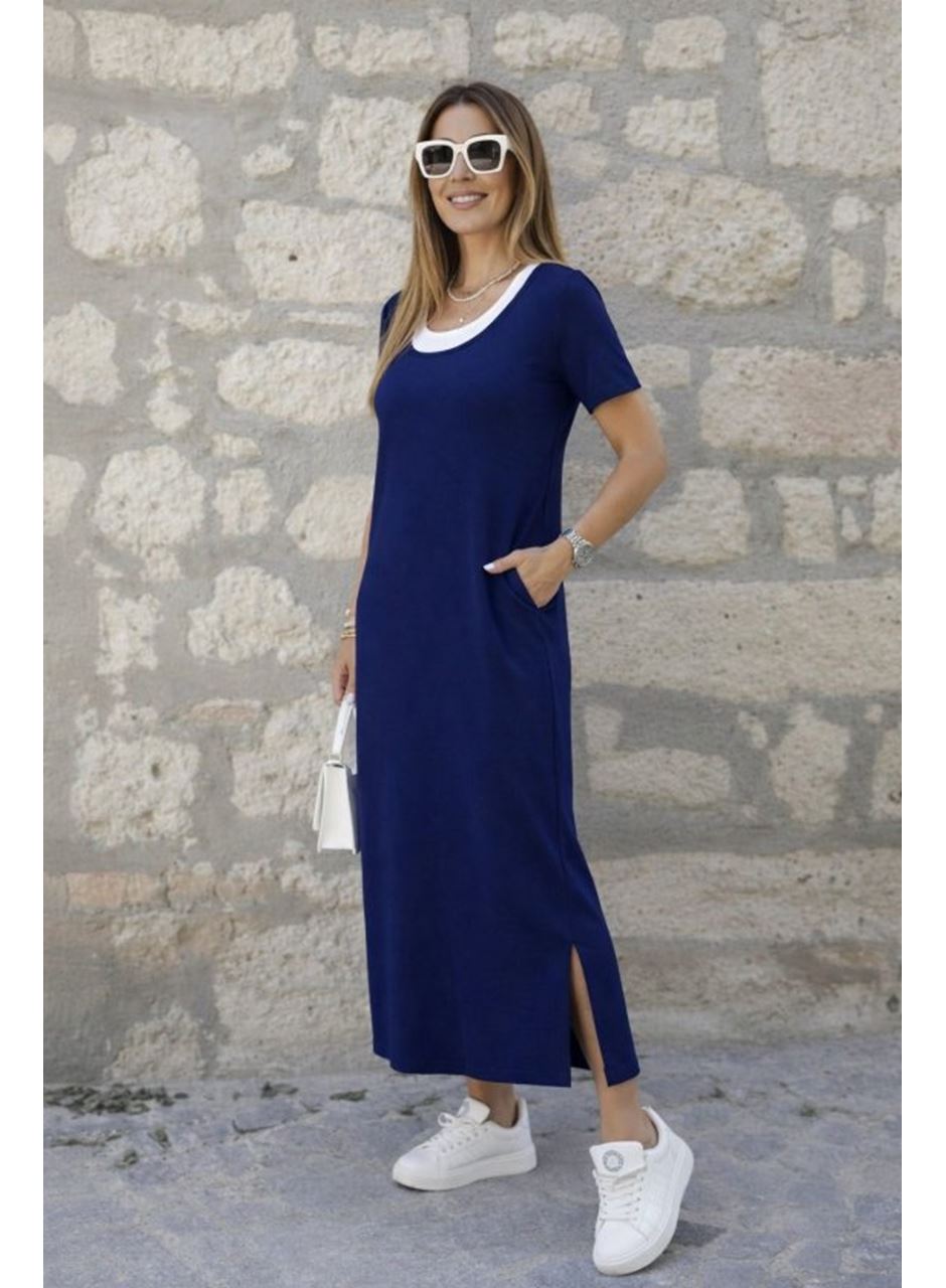 Kadın Kısa Kollu Içi Atlet Görünümlü Yandan Yırtmaçlı Uzun Viskon Elbise