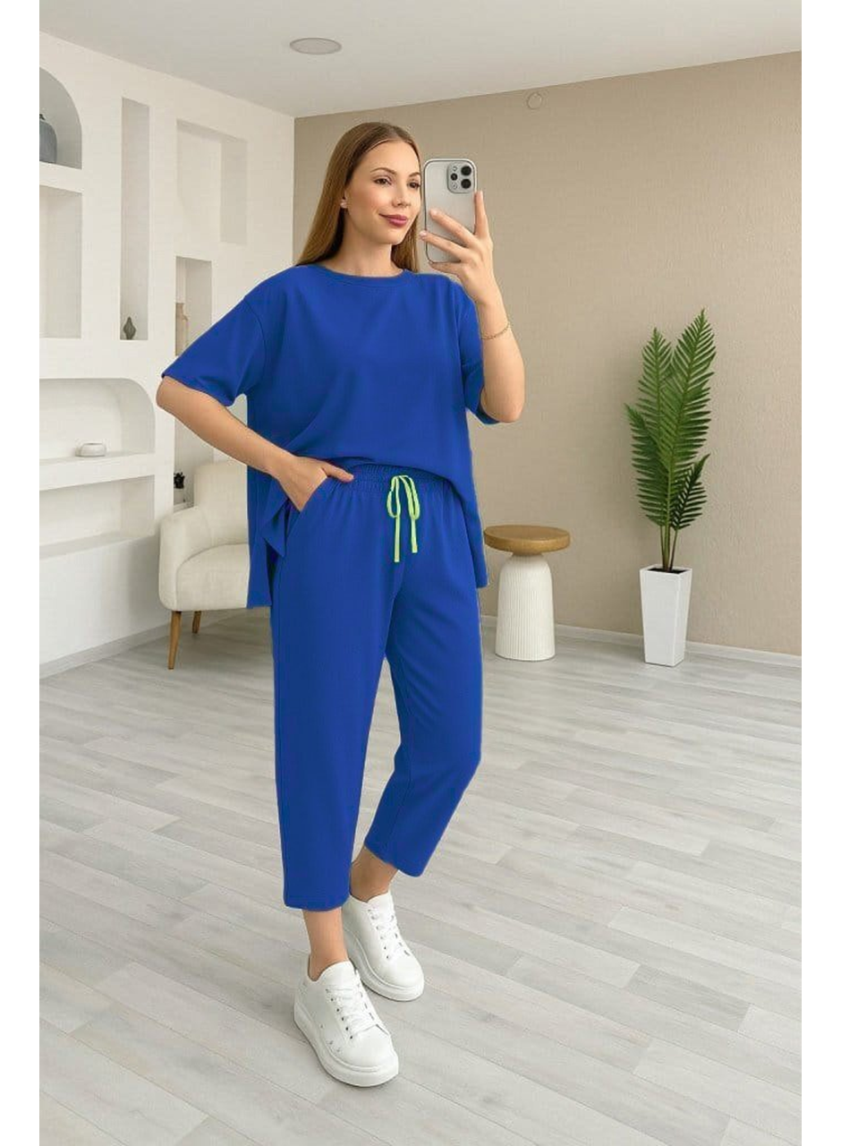 Kadın Kısa Kollu Bisiklet Yaka Viskon Iki Iplik Bluz Ve Pantolon Ikili Takım