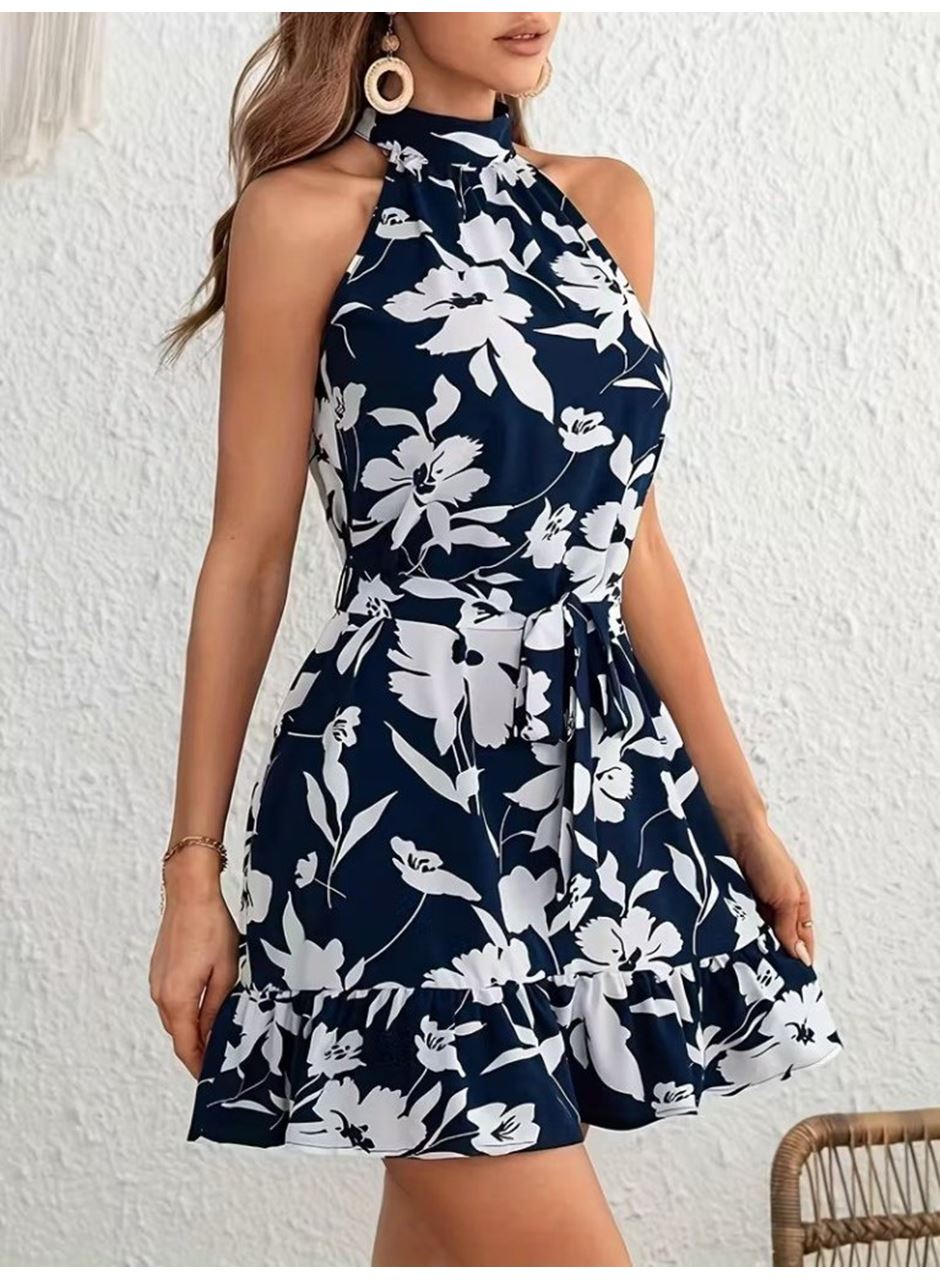 Kadın Omuzlardan Açık Balıkçı Yakalı Kuşaklı Desenli Kısa Süprem Elbise