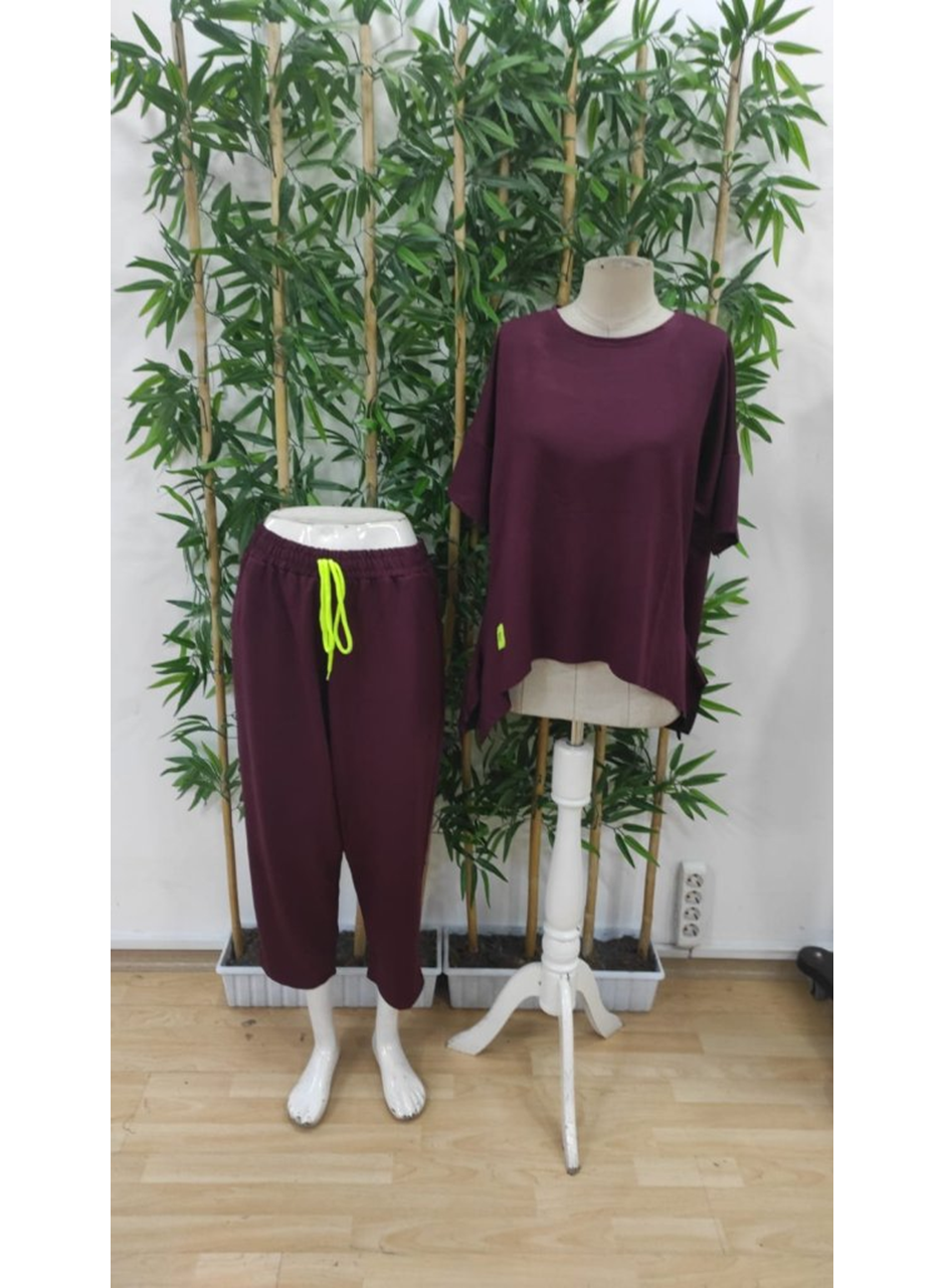 Kadın Kısa Kollu Bisiklet Yaka Viskon Iki Iplik Bluz Ve Pantolon Ikili Takım