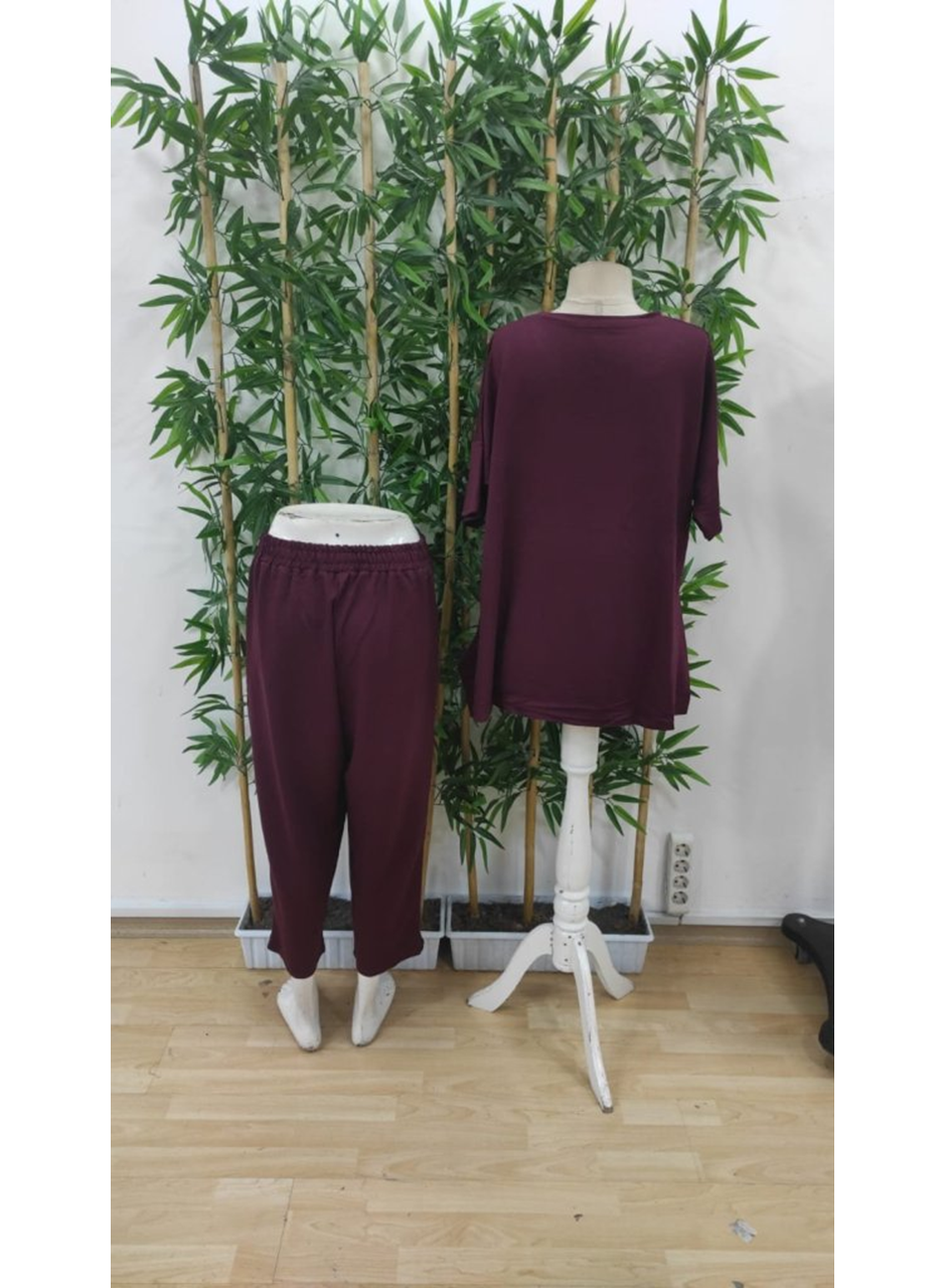 Kadın Kısa Kollu Bisiklet Yaka Viskon Iki Iplik Bluz Ve Pantolon Ikili Takım