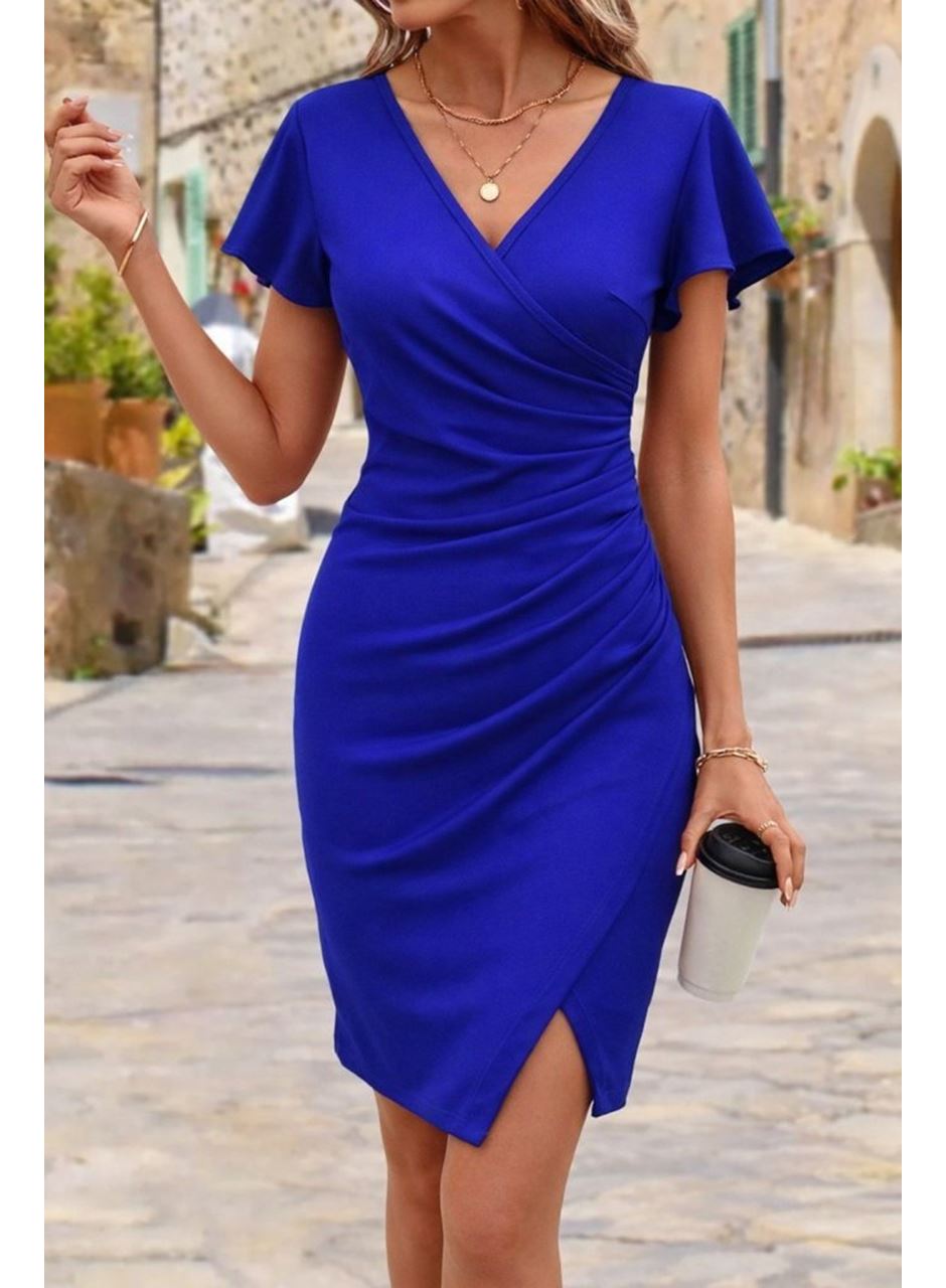 Kadın Uzun Kollu Volanlı Kruvaze Yaka Yanlardan Büzgülü Ithal Krep Elbise