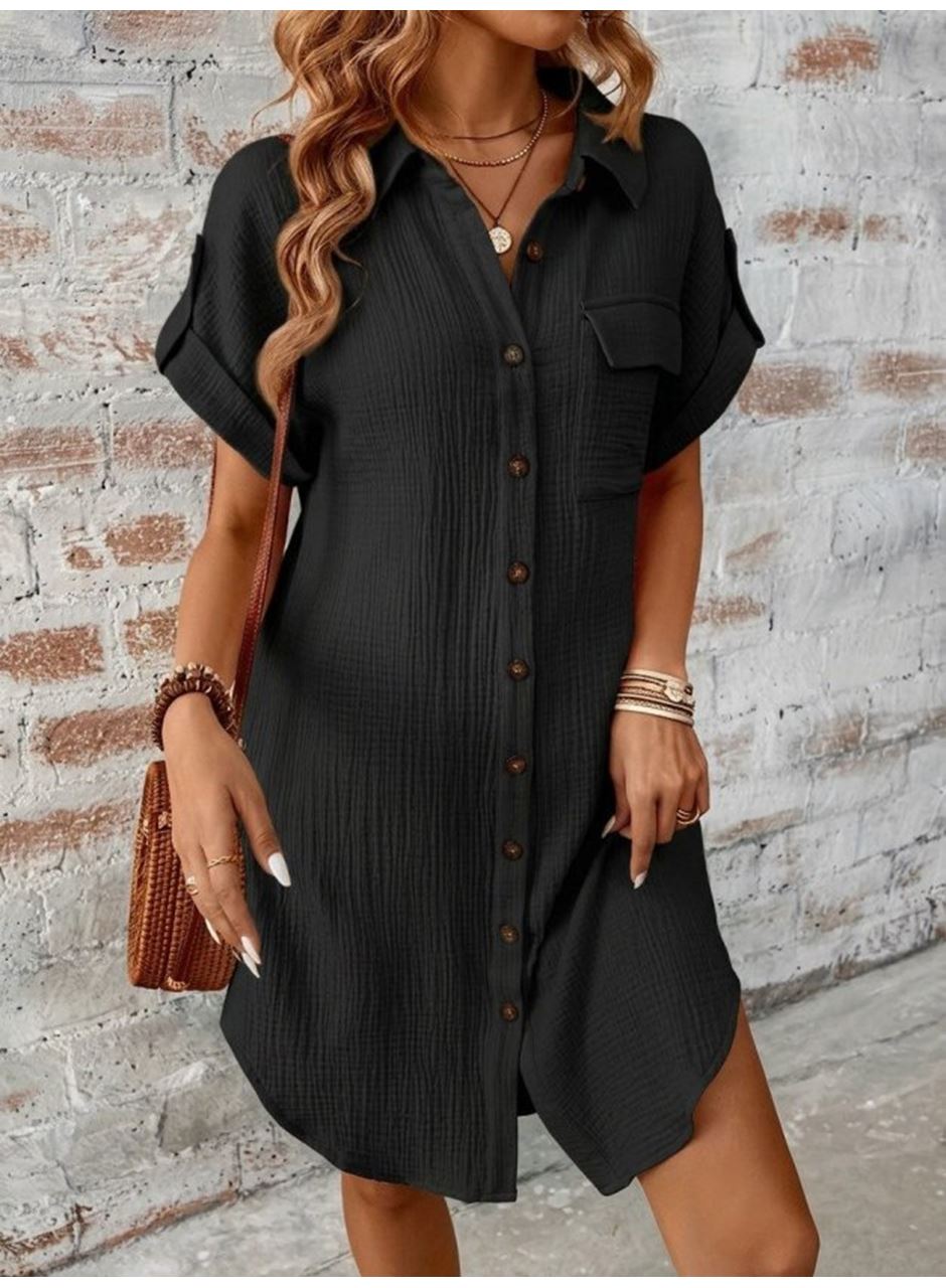 Kadın Kısa Kollu Yakalı önden Düğmeli Bürümcük Kısa Elbise