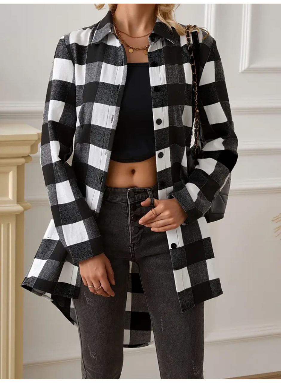 Kadın Uzun Kollu Ekoseli önden Düğmeli Dokuma Uzun Gömlek