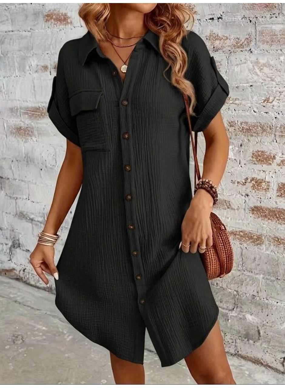 Kadın Kısa Kollu Yakalı önden Düğmeli Bürümcük Kısa Elbise