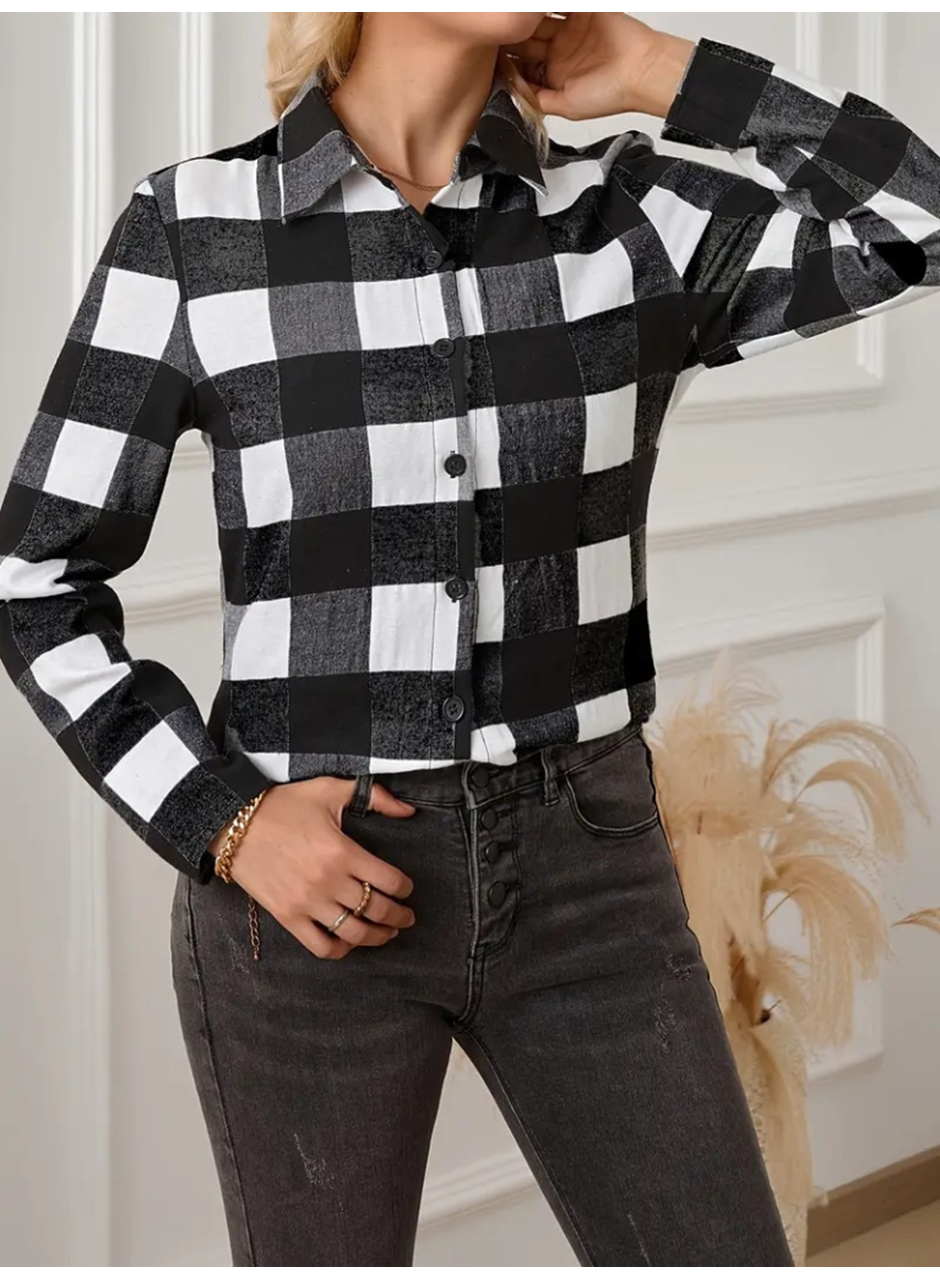 Kadın Uzun Kollu Ekoseli önden Düğmeli Dokuma Uzun Gömlek