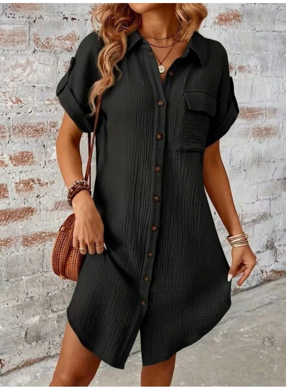 Kadın Kısa Kollu Yakalı önden Düğmeli Bürümcük Kısa Elbise