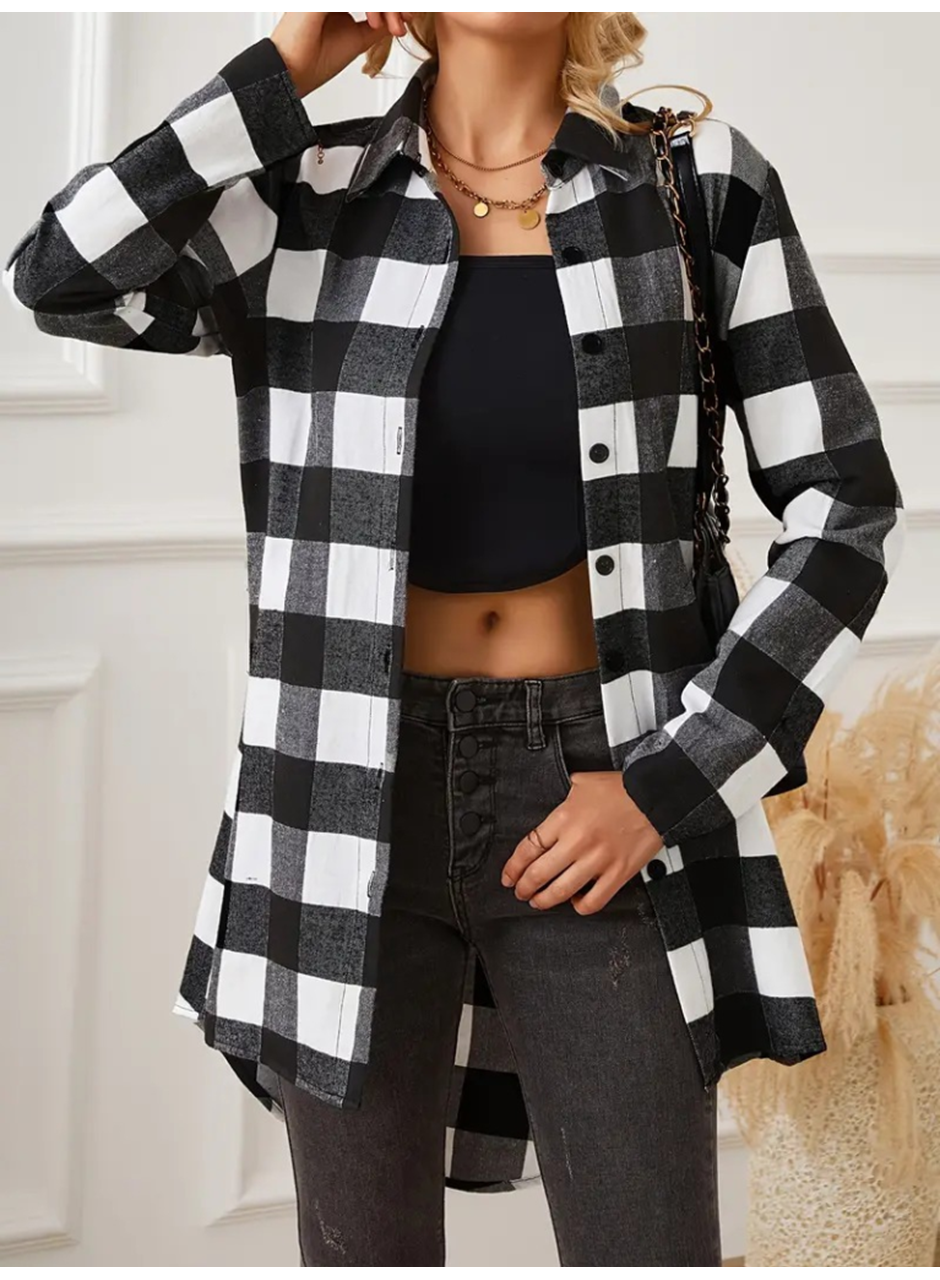 Kadın Uzun Kollu Ekoseli önden Düğmeli Dokuma Uzun Gömlek
