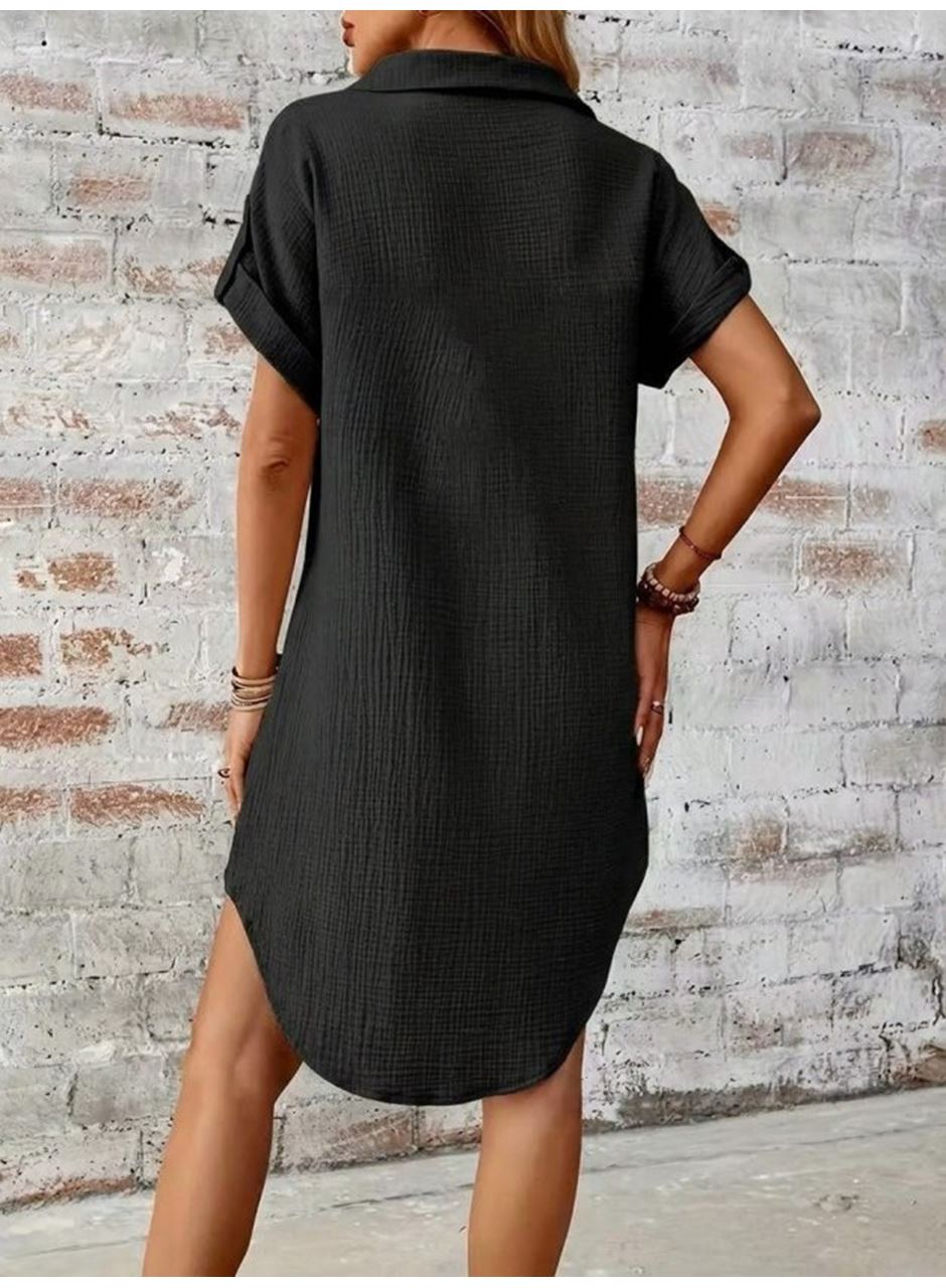 Kadın Kısa Kollu Yakalı önden Düğmeli Bürümcük Kısa Elbise