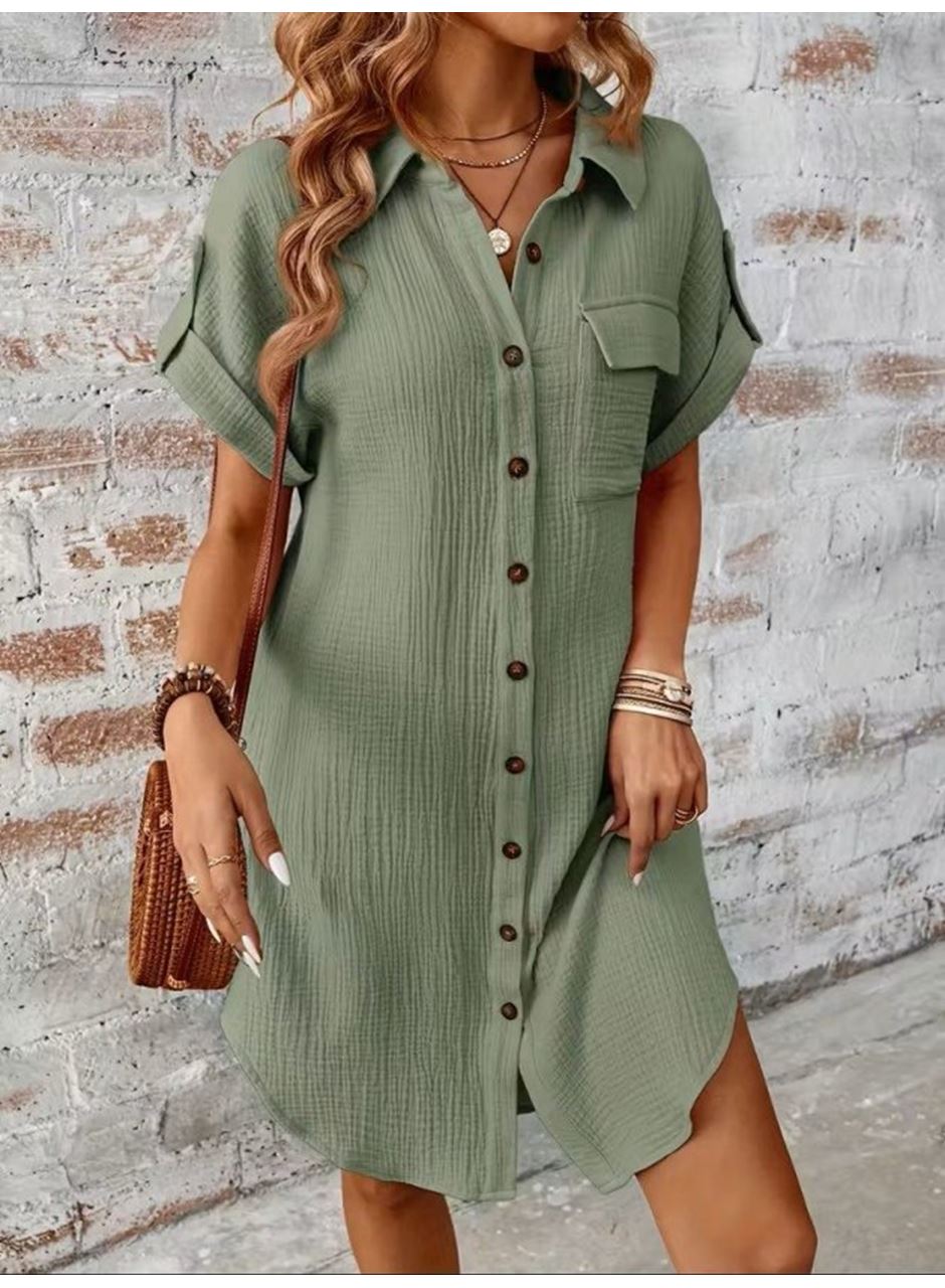 Kadın Kısa Kollu Yakalı önden Düğmeli Bürümcük Kısa Elbise