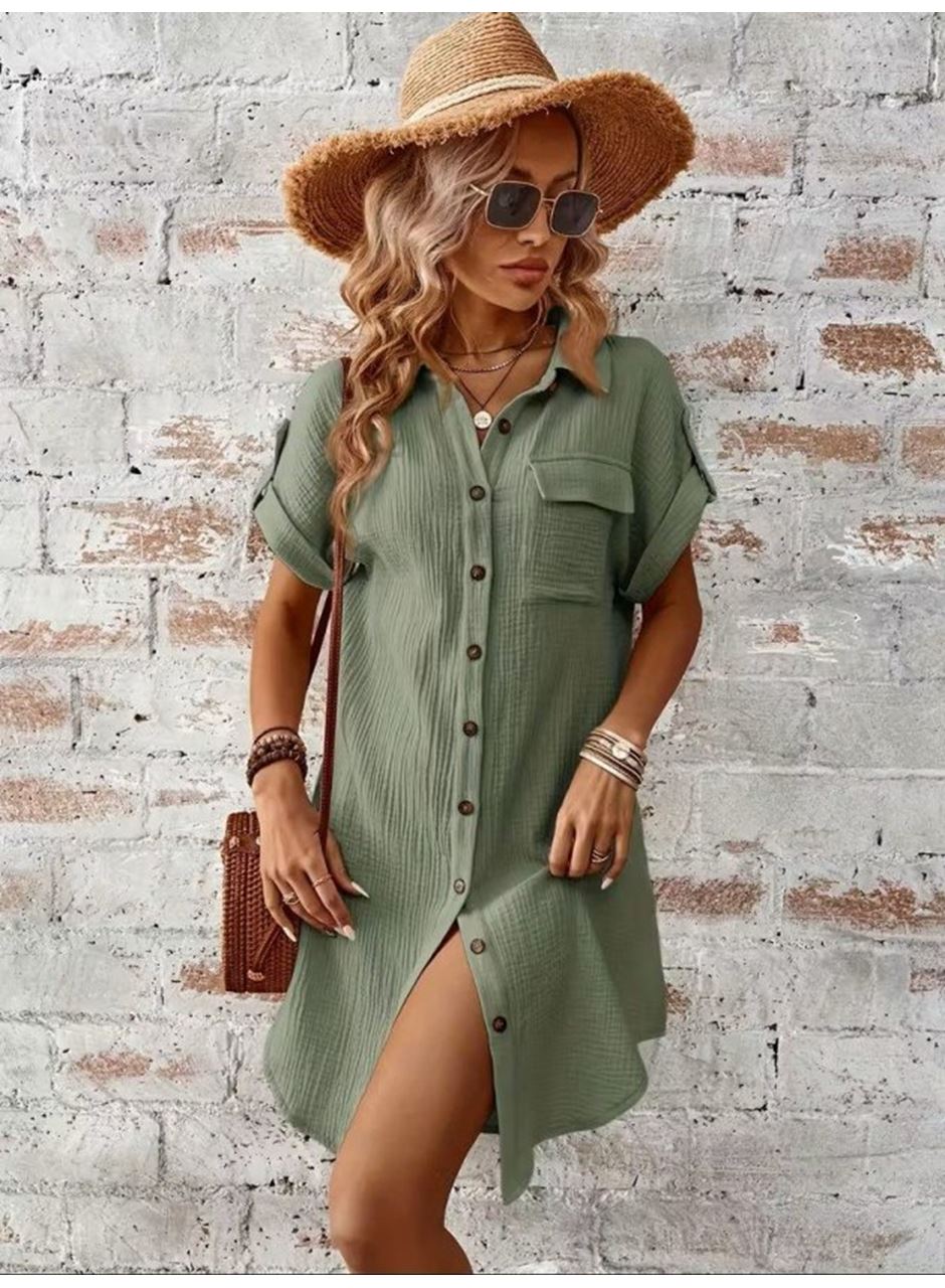 Kadın Kısa Kollu Yakalı önden Düğmeli Bürümcük Kısa Elbise