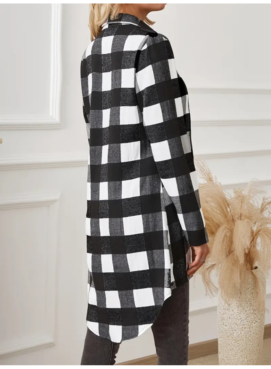 Kadın Uzun Kollu Ekoseli önden Düğmeli Dokuma Uzun Gömlek