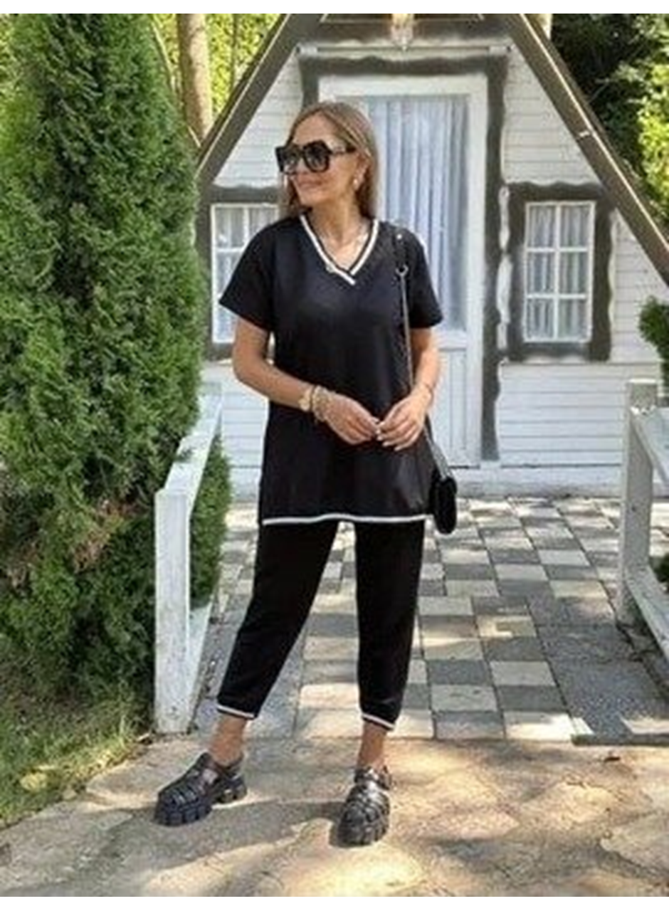 Kadın Kısa Kollu V Yakalı Iki Iplik Bluz Ve Pantolon Ikili Takım