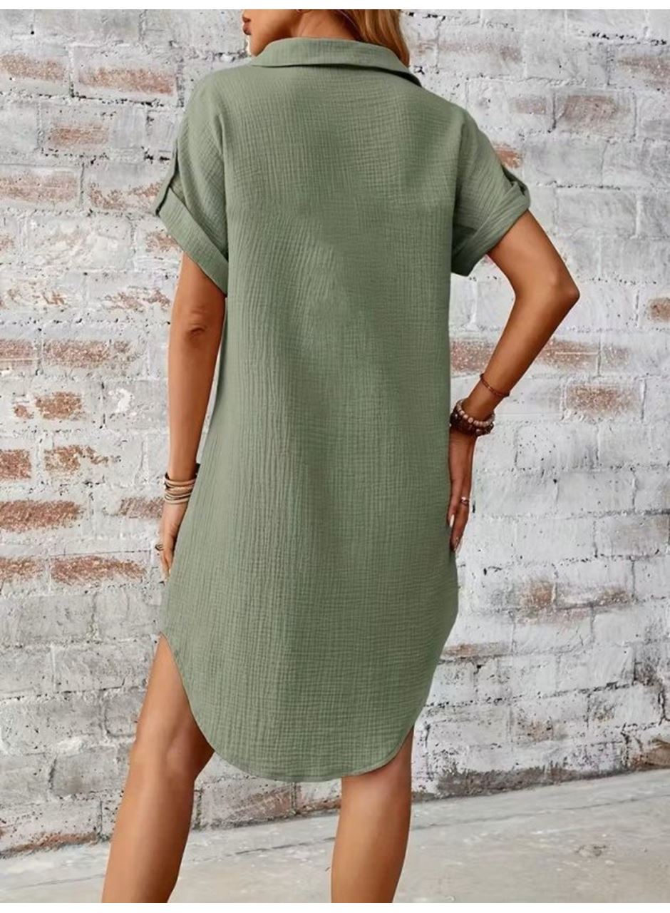 Kadın Kısa Kollu Yakalı önden Düğmeli Bürümcük Kısa Elbise