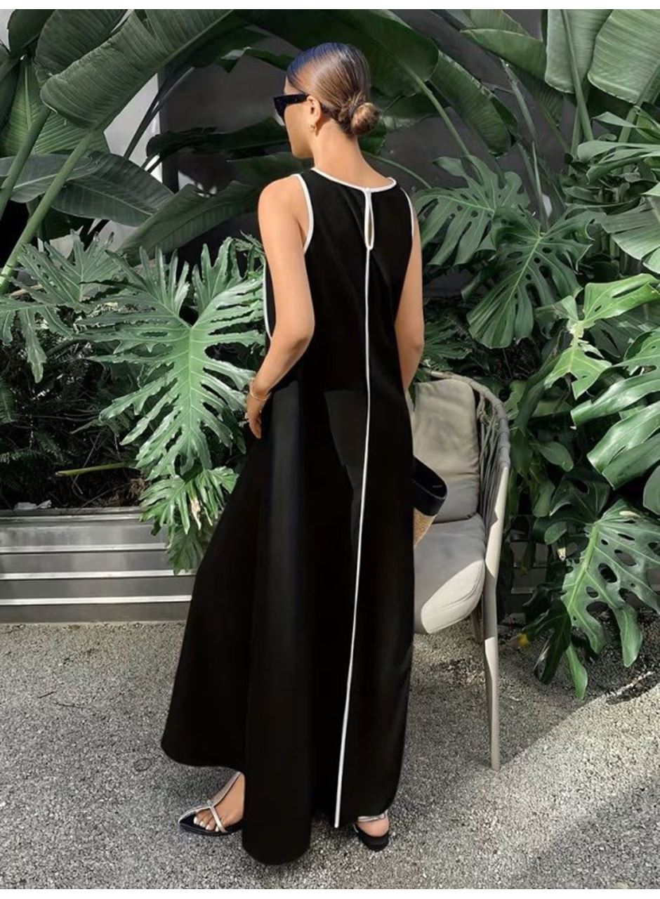 Kadın Omuzlardan Açık Yaka Ince şerit Detaylı Uzun Viskon Elbise