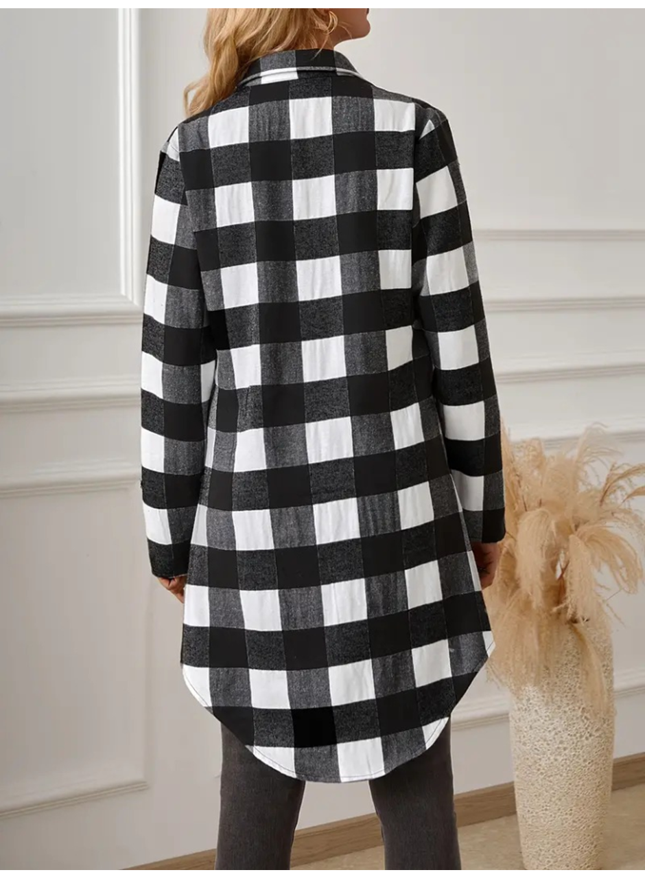 Kadın Uzun Kollu Ekoseli önden Düğmeli Dokuma Uzun Gömlek