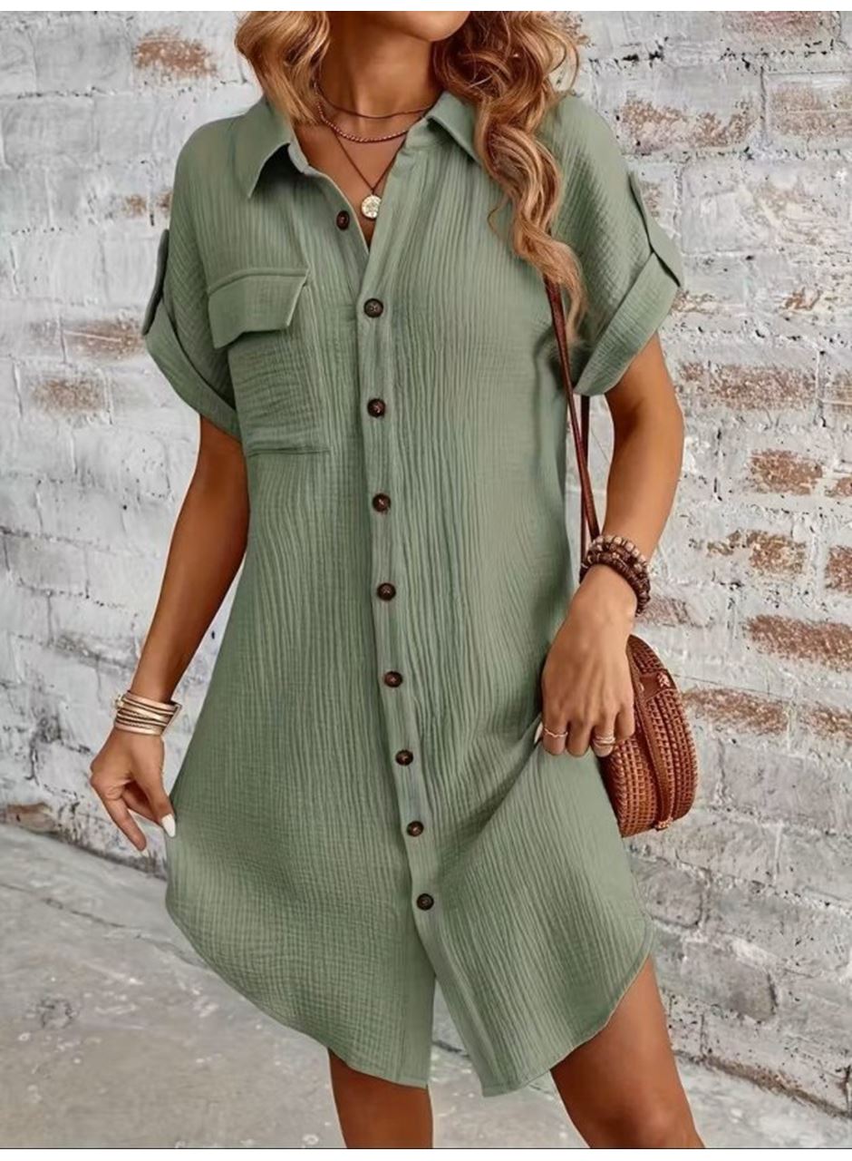 Kadın Kısa Kollu Yakalı önden Düğmeli Bürümcük Kısa Elbise