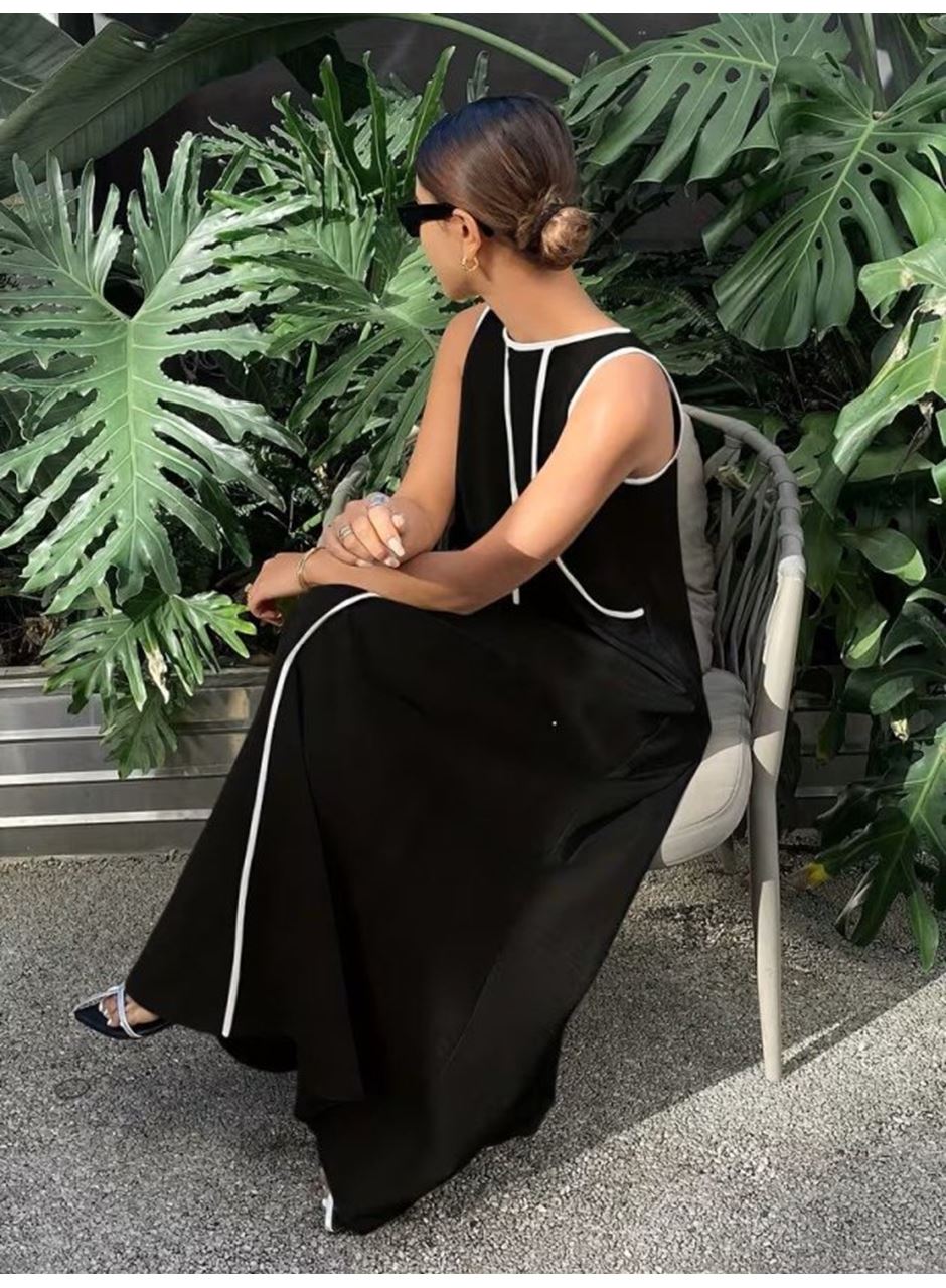 Kadın Omuzlardan Açık Yaka Ince şerit Detaylı Uzun Viskon Elbise