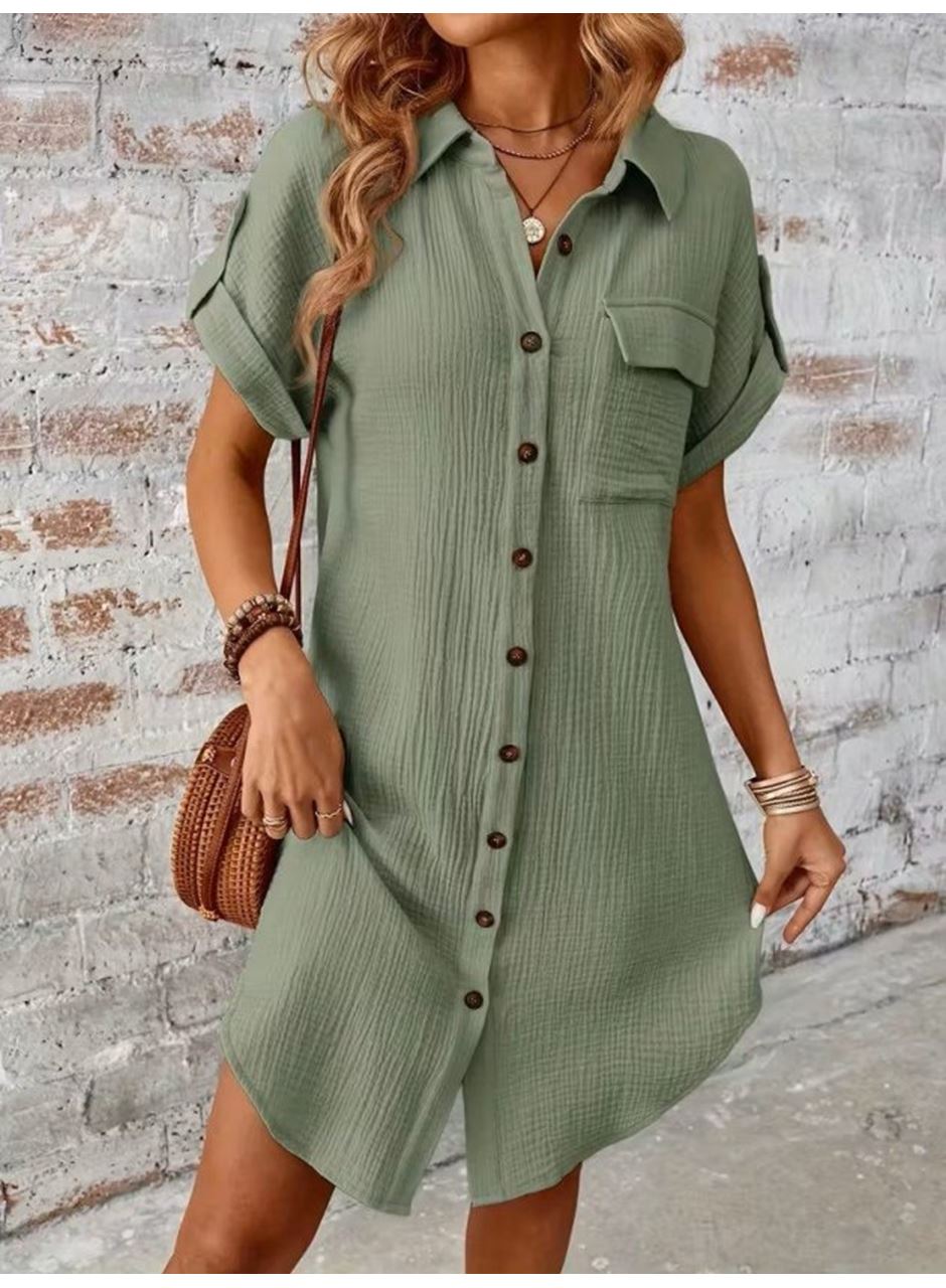 Kadın Kısa Kollu Yakalı önden Düğmeli Bürümcük Kısa Elbise