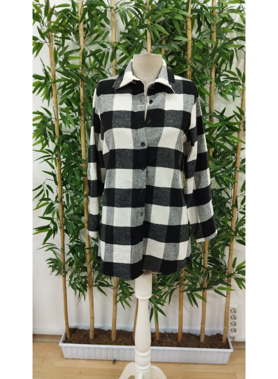 Kadın Uzun Kollu Ekoseli önden Düğmeli Dokuma Uzun Gömlek