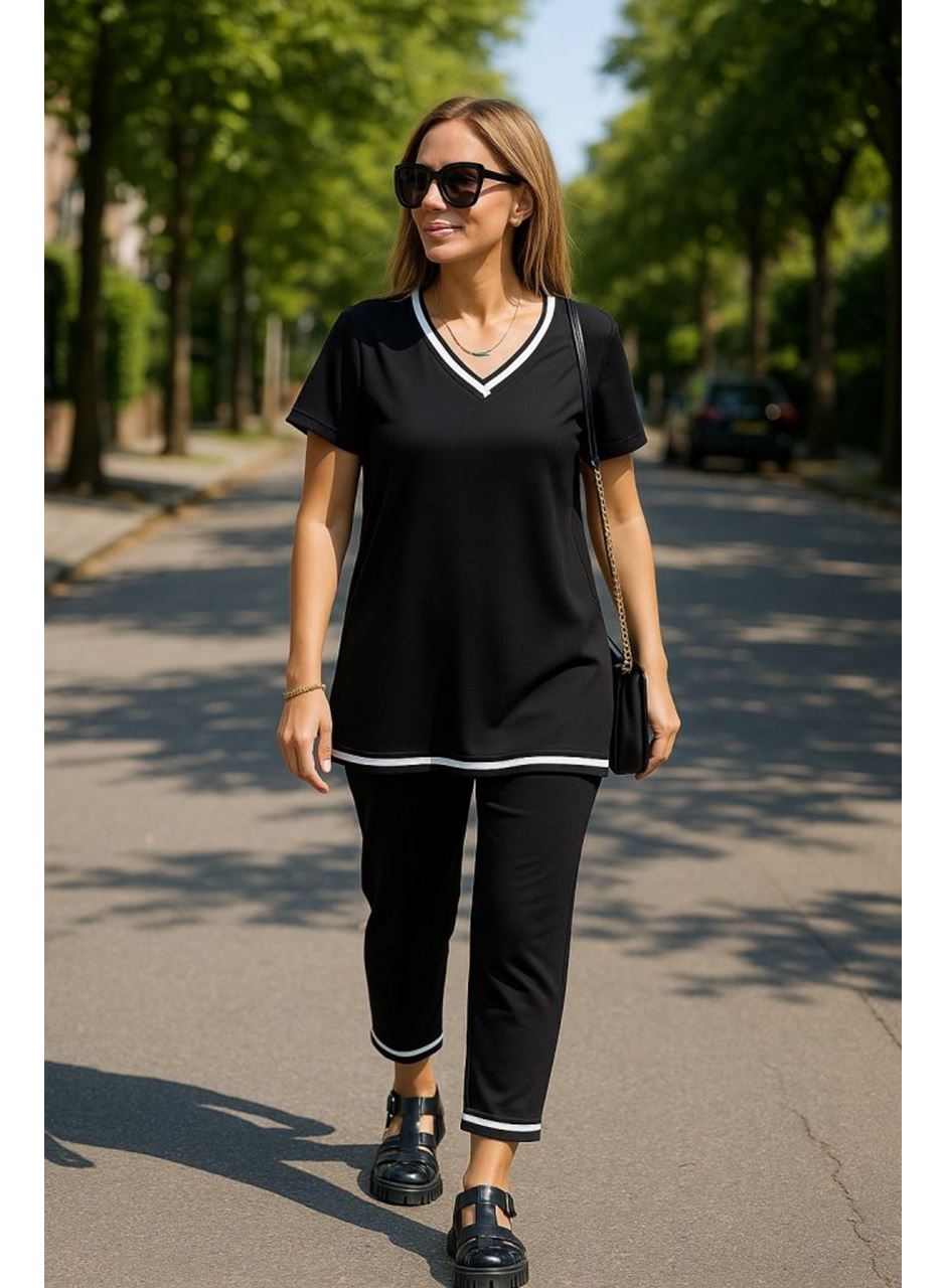 Kadın Kısa Kollu V Yakalı Iki Iplik Bluz Ve Pantolon Ikili Takım
