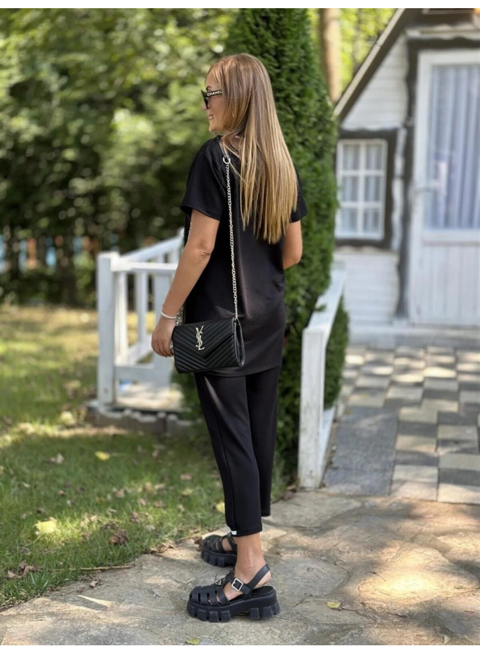 Kadın Kısa Kollu V Yakalı Iki Iplik Bluz Ve Pantolon Ikili Takım