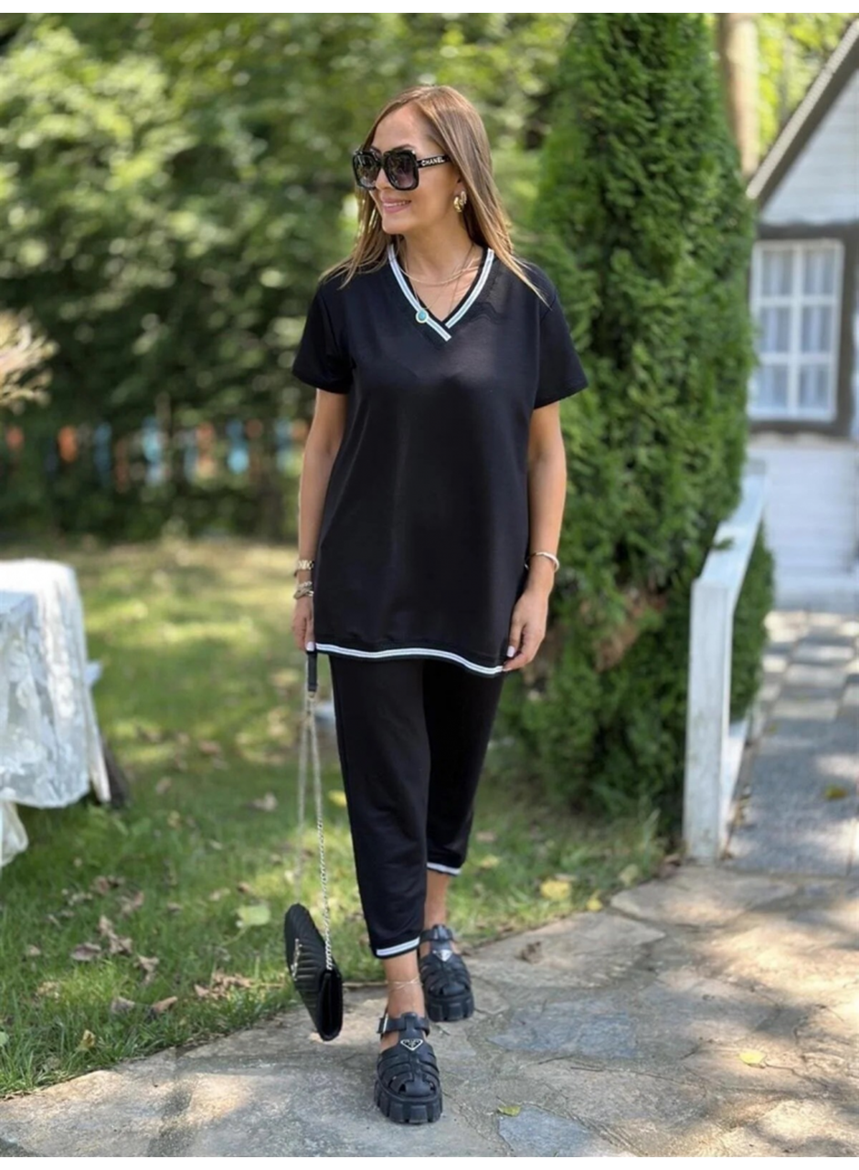 Kadın Kısa Kollu V Yakalı Iki Iplik Bluz Ve Pantolon Ikili Takım