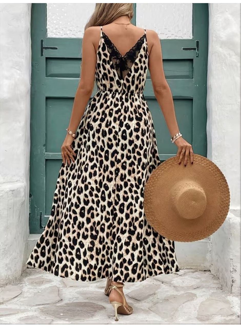Kadın Ip Askılı Yuvarlak Yakalı Arkası V Yakalı Yırtmaçlı Uzun Leopar Desenli Süprem Elbise