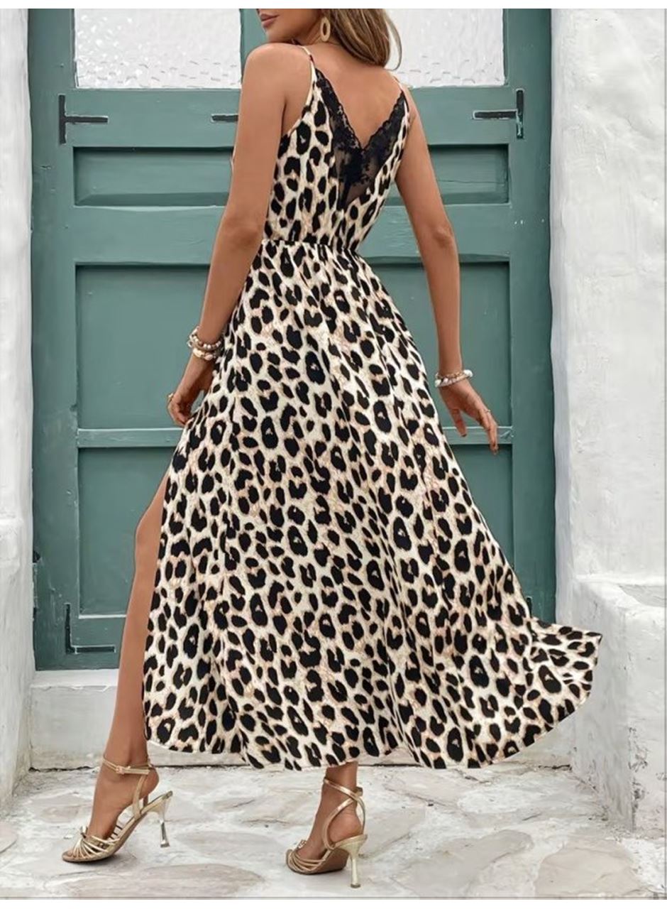 Kadın Ip Askılı Yuvarlak Yakalı Arkası V Yakalı Yırtmaçlı Uzun Leopar Desenli Süprem Elbise