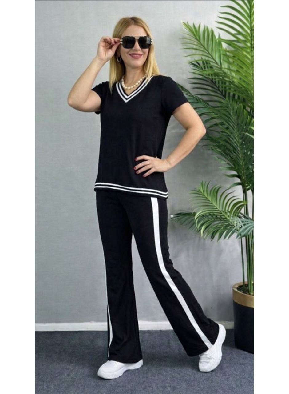Kadın Kısa Kollu V Yakalı Viskon Iki Iplik Bluz Ve Pantolon Ikili Takım