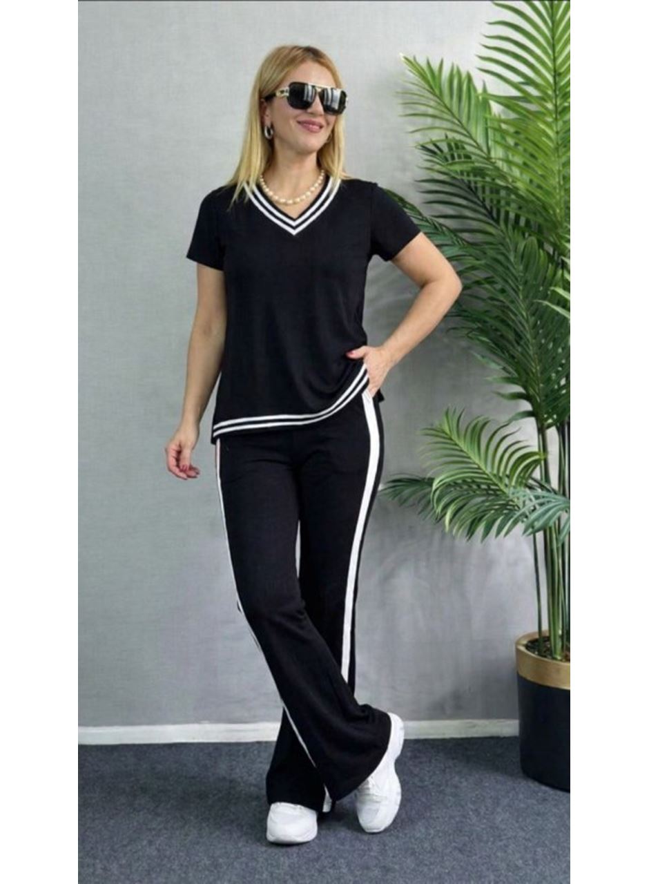 Kadın Kısa Kollu V Yakalı Viskon Iki Iplik Bluz Ve Pantolon Ikili Takım