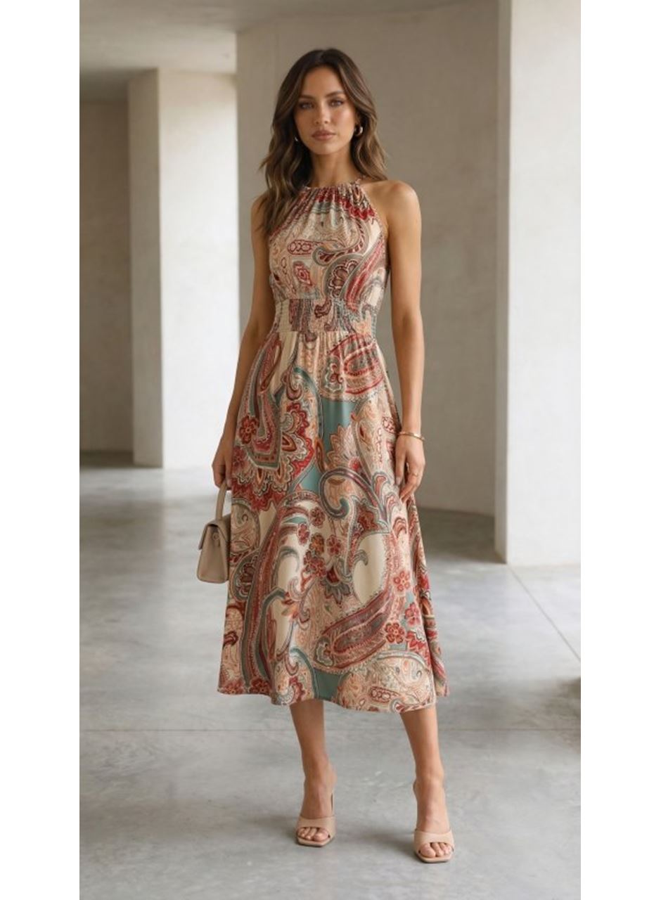 Kadın Kolsuz Boyundan Bağlamalı Beli Lastikli Dijital Baskı Süprem Uzun Elbise