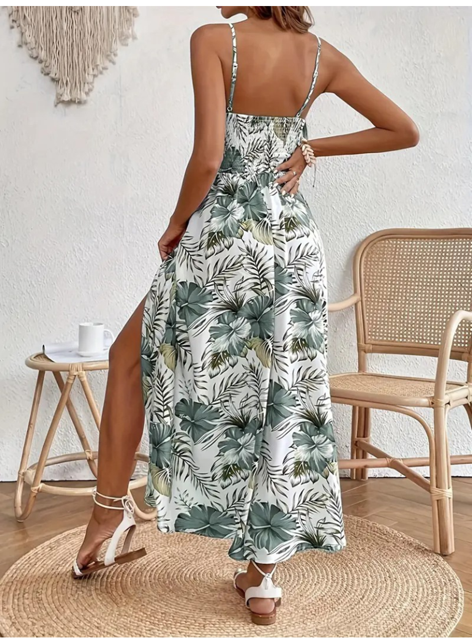 Kadın Ip Askılı V Yakalı Bel Güpür çiçek Desenli Yandan Yırtmaçlı Maksi Süprem Elbise