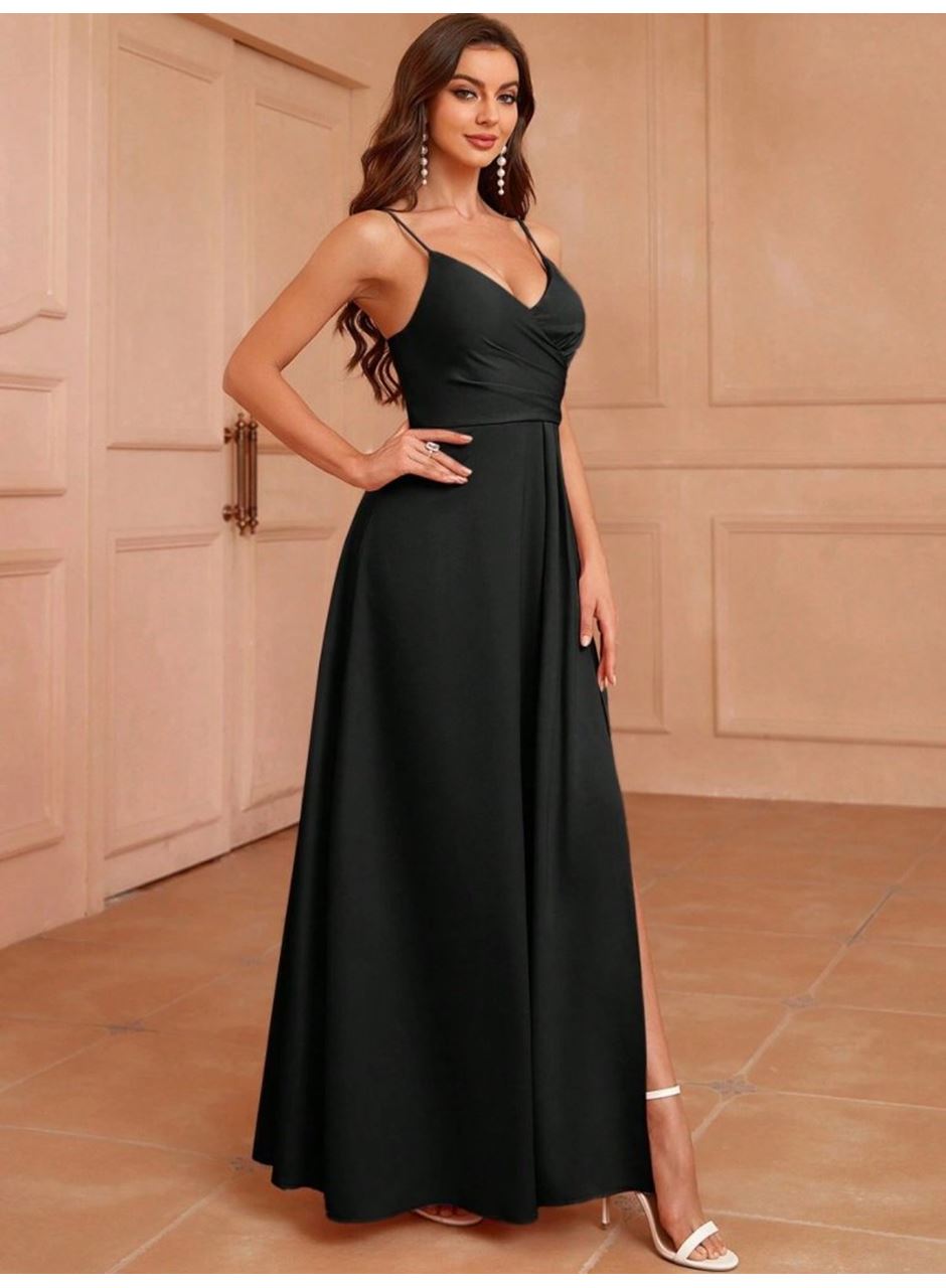 Kadın Ip Askılı Kruvaze Yakalı Yırtmaçlı Uzun Ithal Krep Elbise