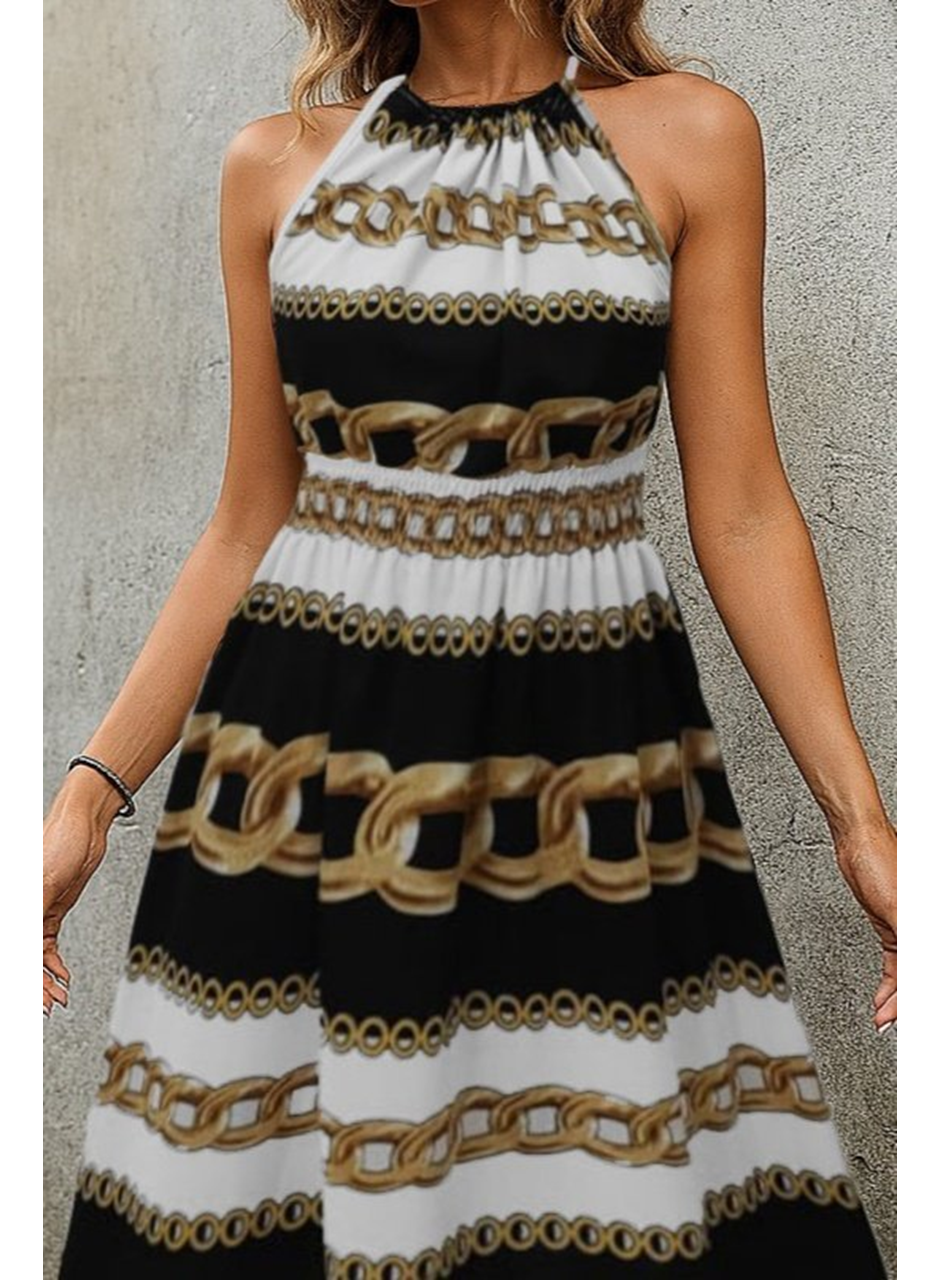 Kadın Kolsuz Boyundan Bağlamalı Beli Lastikli Dijital Baskı Süprem Uzun Elbise