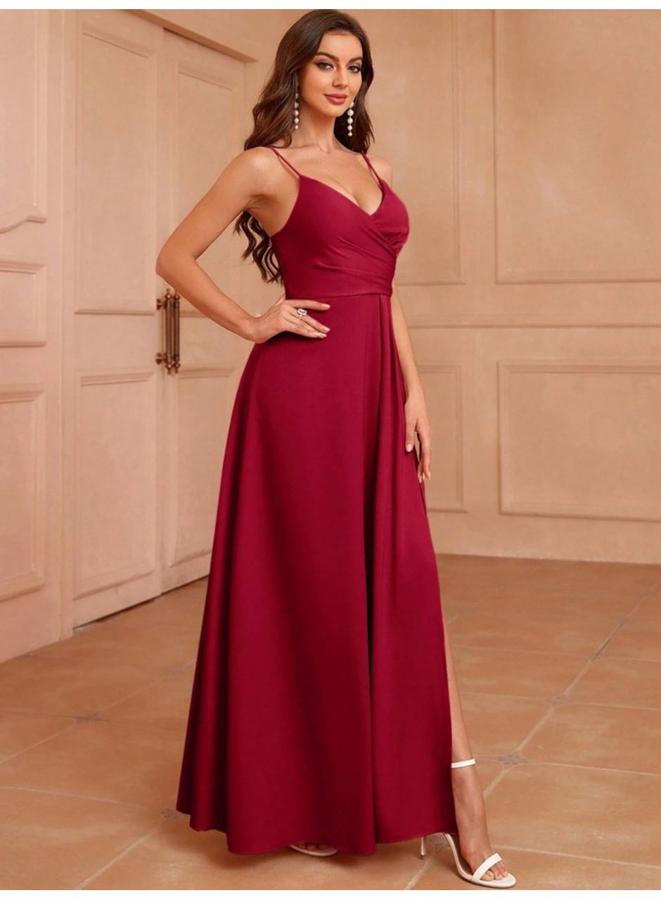 Kadın Ip Askılı Kruvaze Yakalı Yırtmaçlı Uzun Ithal Krep Elbise