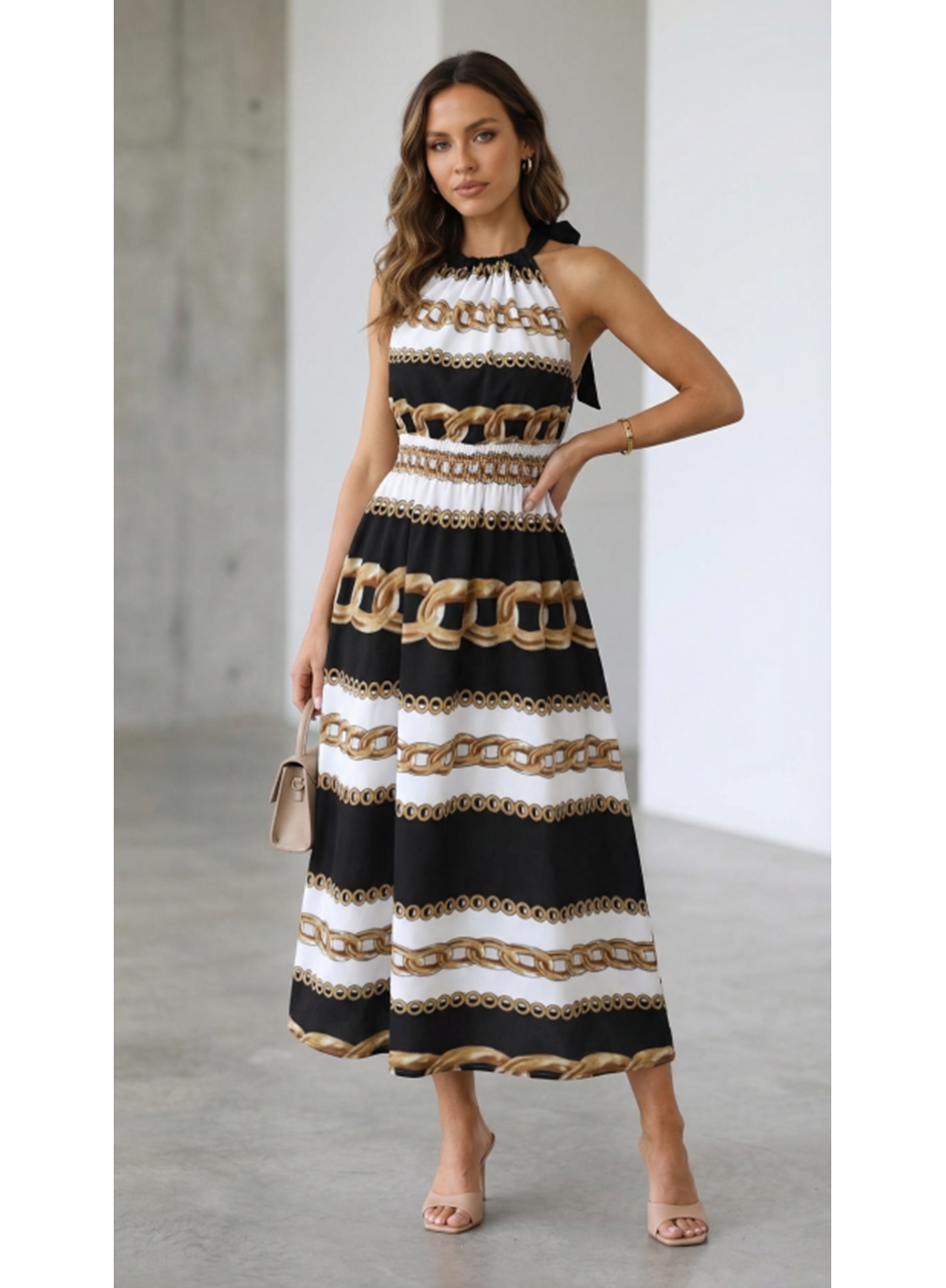 Kadın Kolsuz Boyundan Bağlamalı Beli Lastikli Dijital Baskı Süprem Uzun Elbise