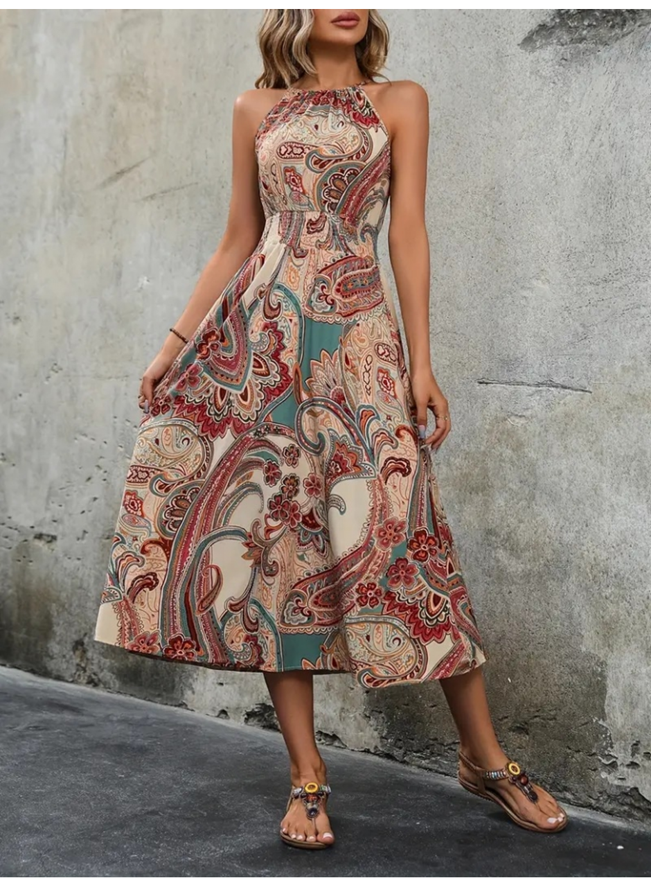 Kadın Kolsuz Boyundan Bağlamalı Beli Lastikli Dijital Baskı Süprem Uzun Elbise