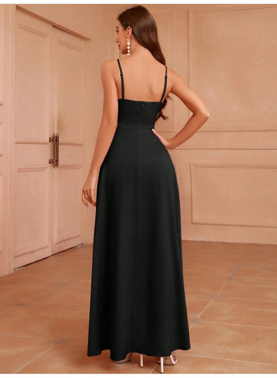 Kadın Ip Askılı Kruvaze Yakalı Yırtmaçlı Uzun Ithal Krep Elbise