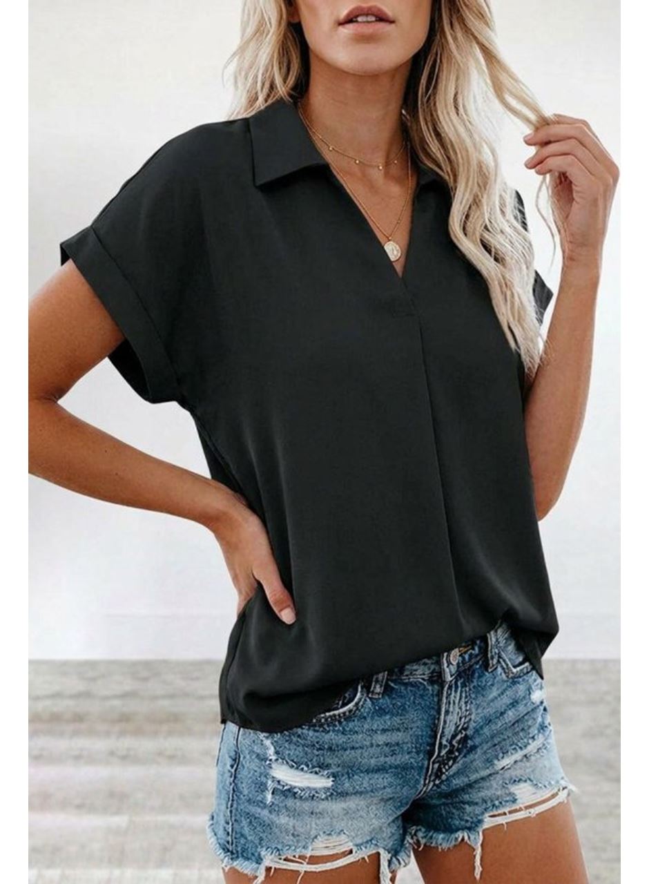 Kadın Kısa Kollu Yakalı Dokuma Viskon Bluz