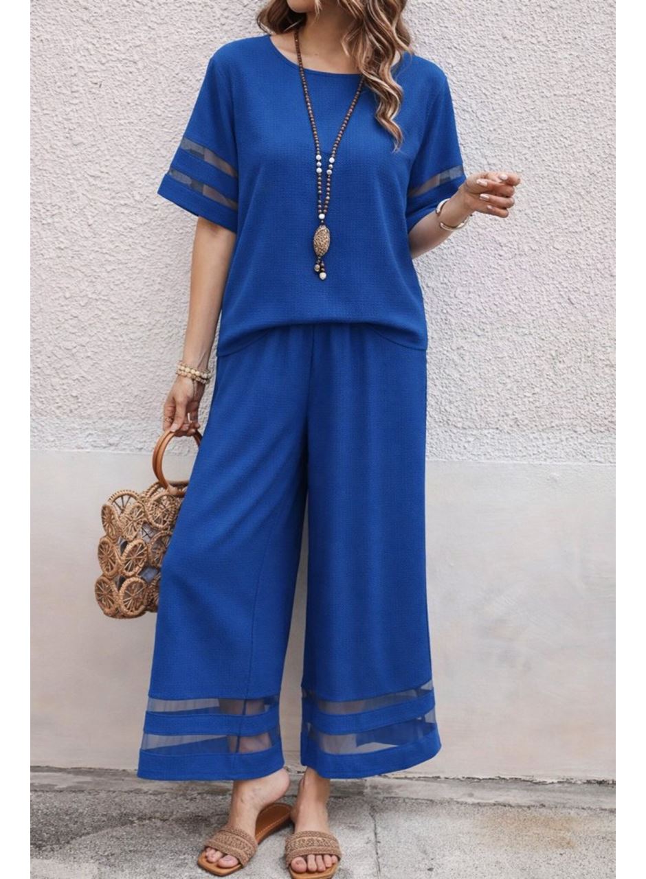 Kadın Kısa Kollu Bisiklet Yakalı Tül şerit Detaylı Bluz Ve Pantolon Ikili Takım