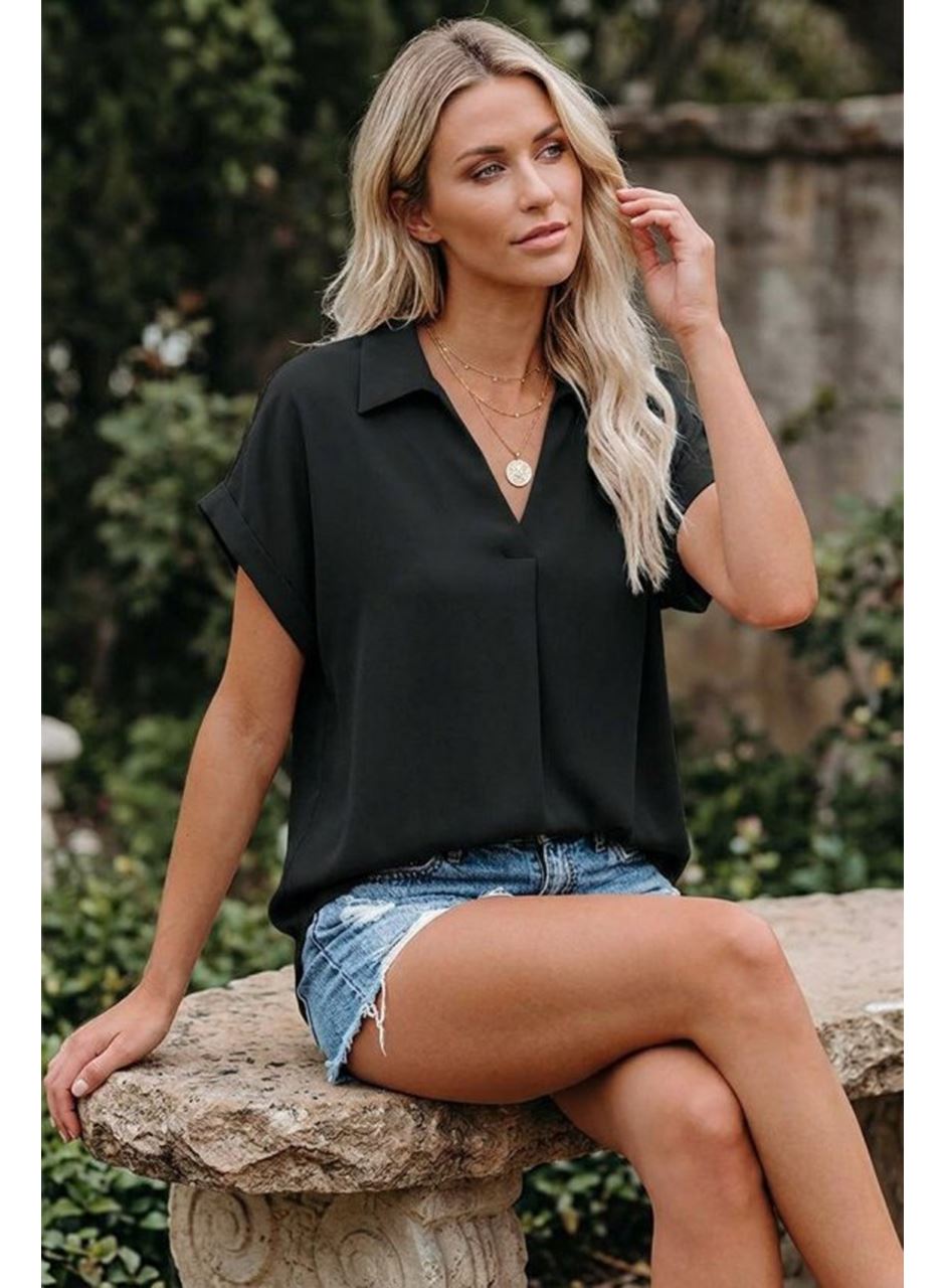 Kadın Kısa Kollu Yakalı Dokuma Viskon Bluz