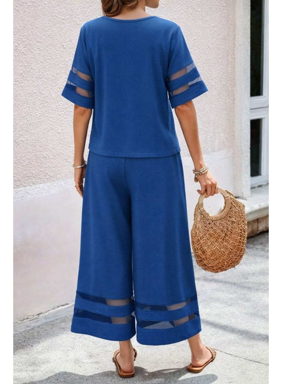 Kadın Kısa Kollu Bisiklet Yakalı Tül şerit Detaylı Bluz Ve Pantolon Ikili Takım