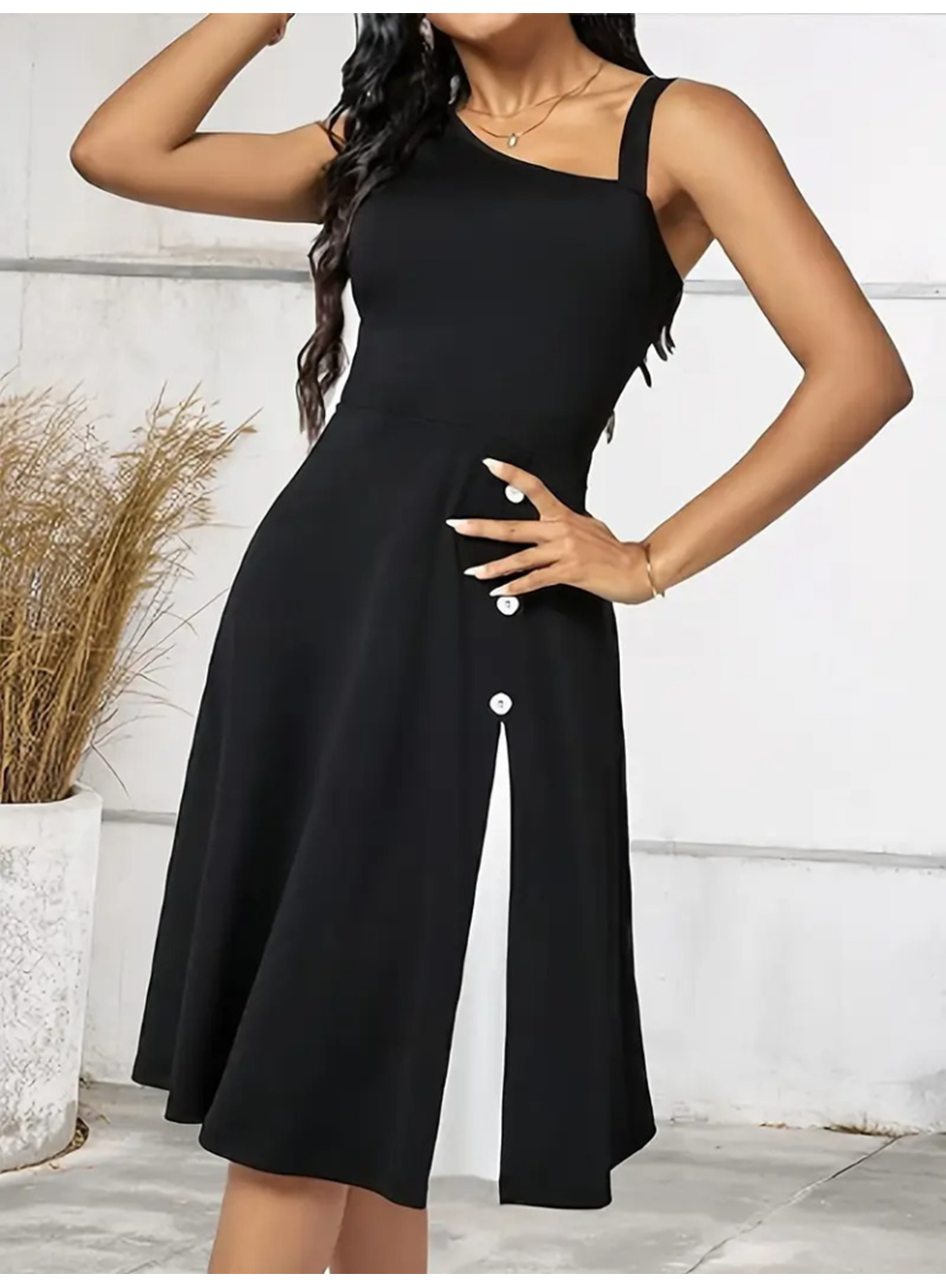 Kadın Tek Omuzu şerit Detaylı Sıfır Kol Yandan Düğme Detaylı Janjan Krep Elbise