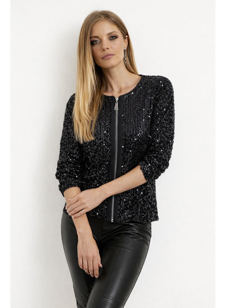 Kadın Uzun Kollu önü Fermuarlı Kısa Pulpayet Ceket