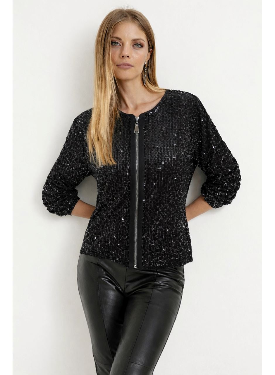 Kadın Uzun Kollu önü Fermuarlı Kısa Pulpayet Ceket