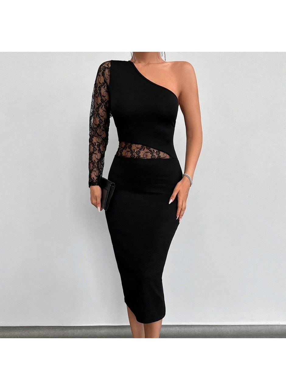 Kadın Siyah Tek Kol Dantel Detay Omuz Dekolte Krep Elbise