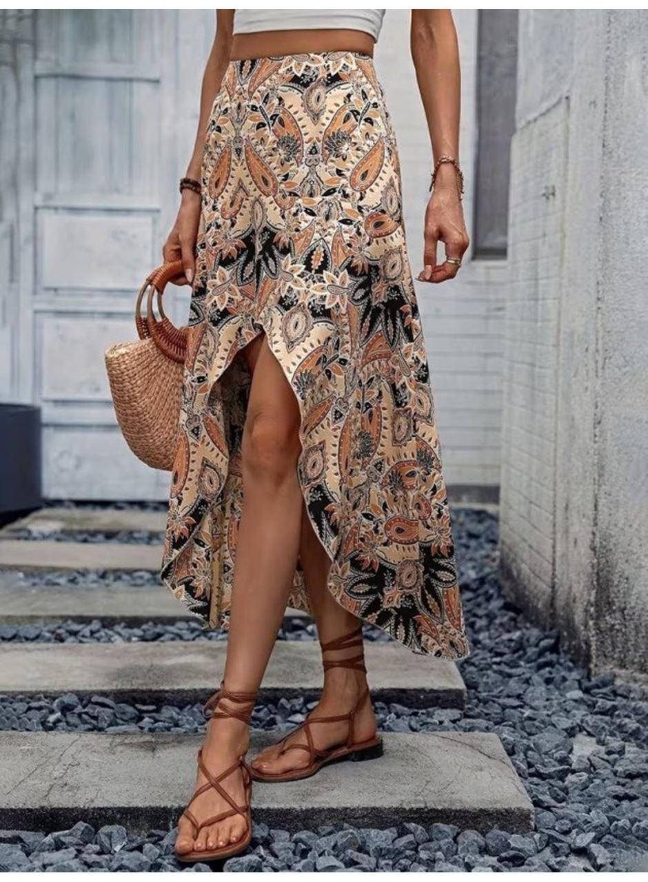 Kadın Yüksek Bel çiçek Desenli önü Asimetrik Detaylı Uzun Süprem Etek