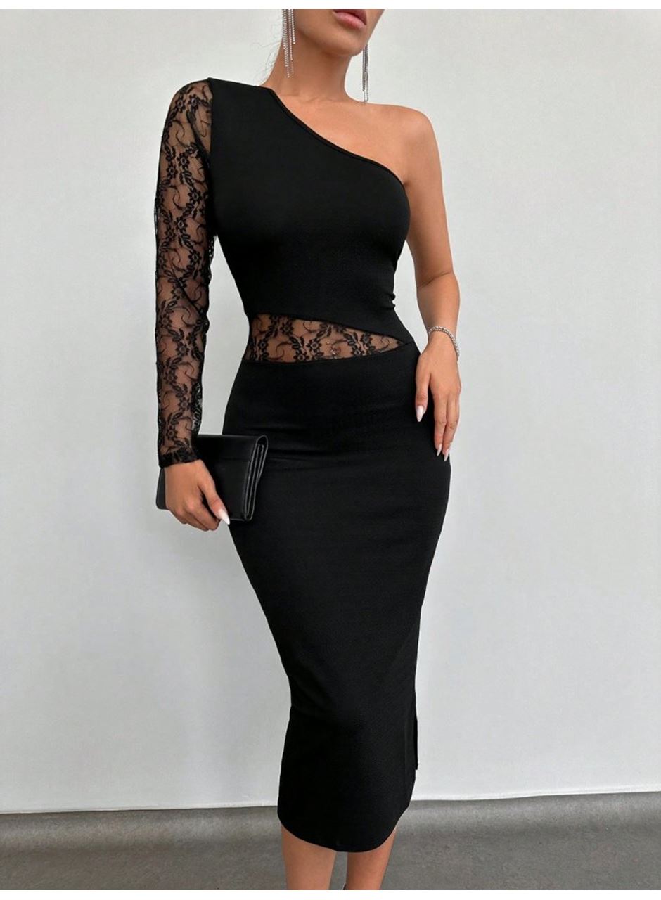 Kadın Siyah Tek Kol Dantel Detay Omuz Dekolte Krep Elbise